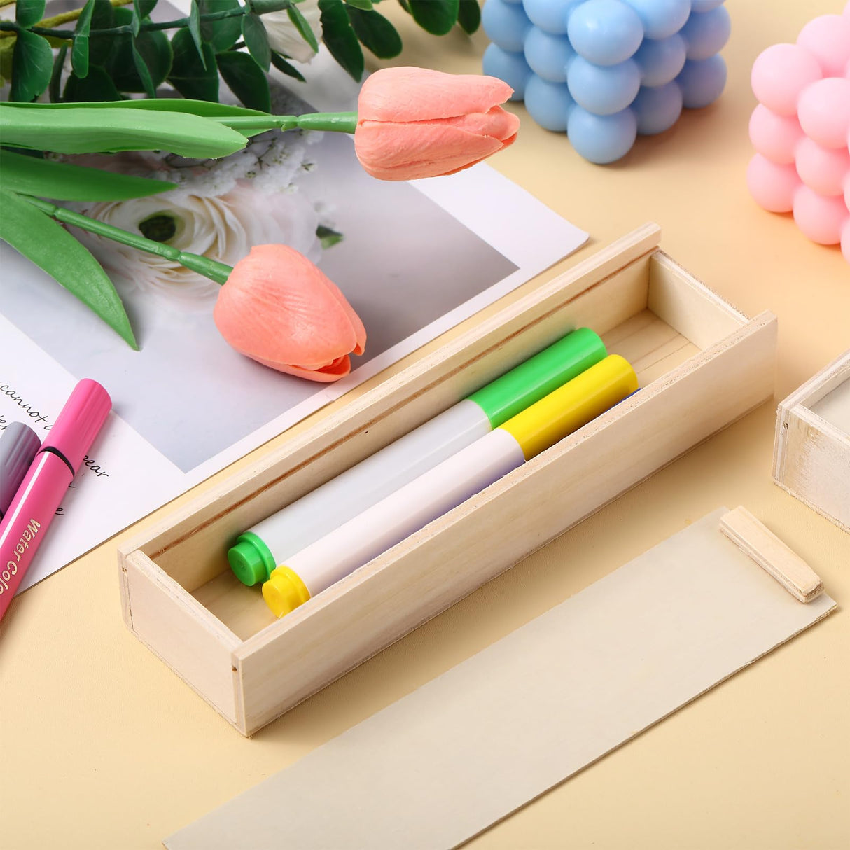 Spiareal 16 Pcs Unfinished Wood Pencil Box with Sliding Lid Wooden Pen Stash Trinket Box Unpainted Storage Box for DIY Craft Housewarming Party DIY with Paint Engraving Imprint 7.7" x 2.2" x 1.4" Spiareal