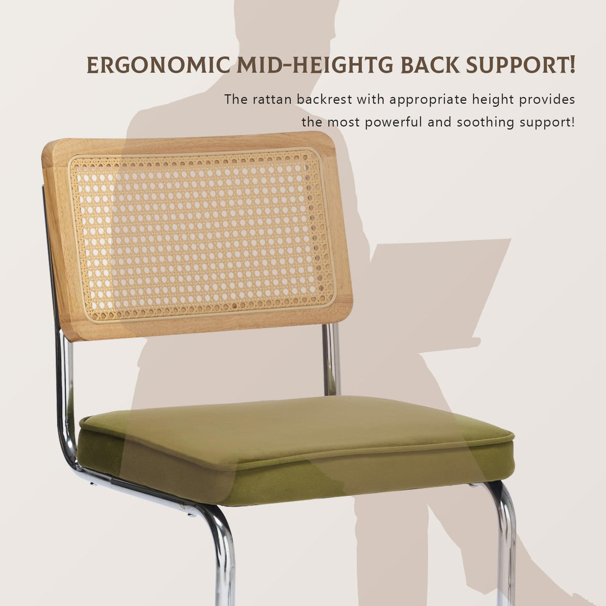 SOARMOTE Rattan Dining Chairs Set of 4,Upholstered Mid-Century Modern Dining Room Chairs with Cane Backrest,Retro Velvet Kitchen Chairs with Stainless Chrome Base,Green SOARMOTE