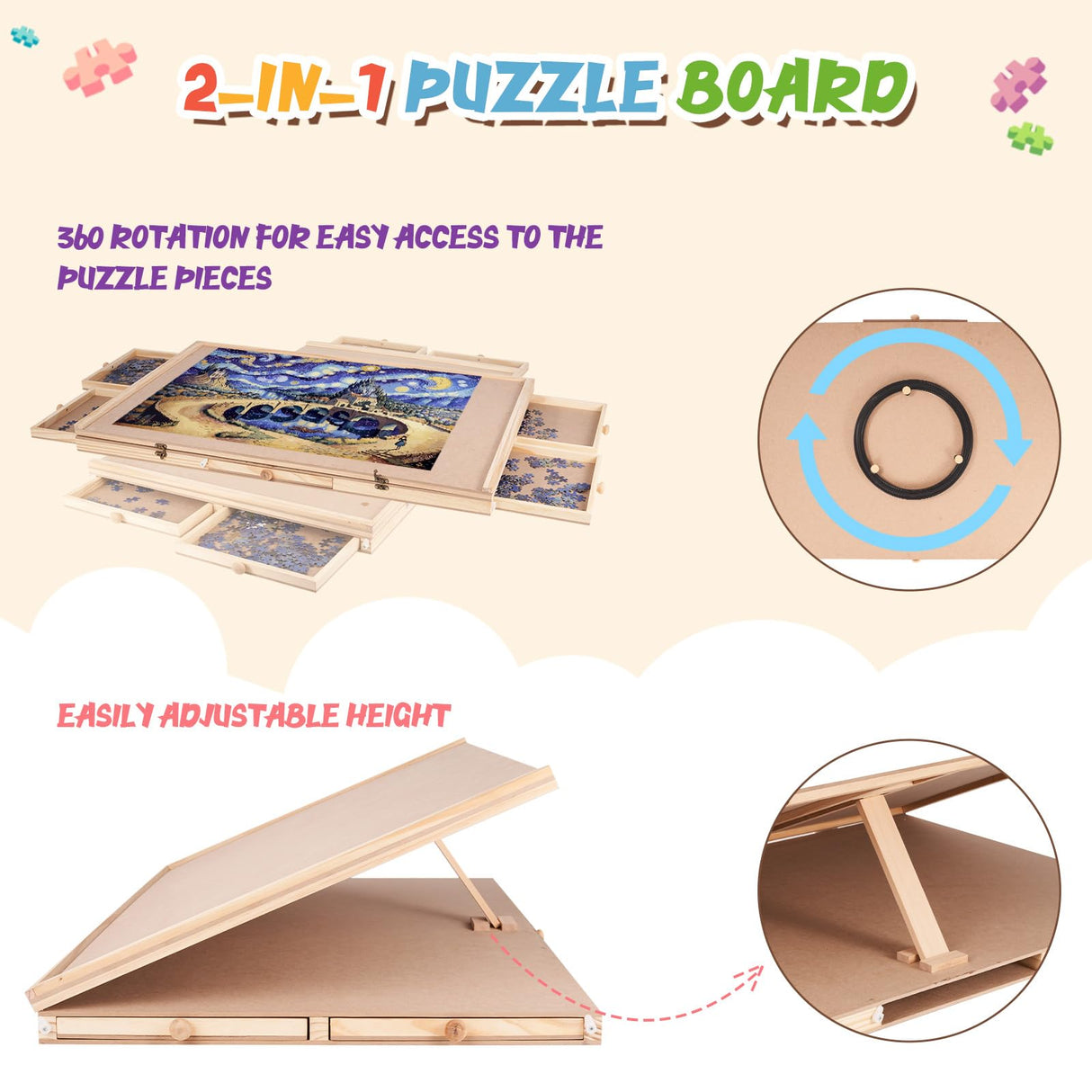 Miereirl 1500 Pieces Wooden Puzzle Table with 6 Drawers and Cover, Adult Portable Puzzle Board 35.43” x 23.43” Rotating Wooden Jigsaw Puzzle Plateau Used for Puzzle Storage and Sorting Miereirl