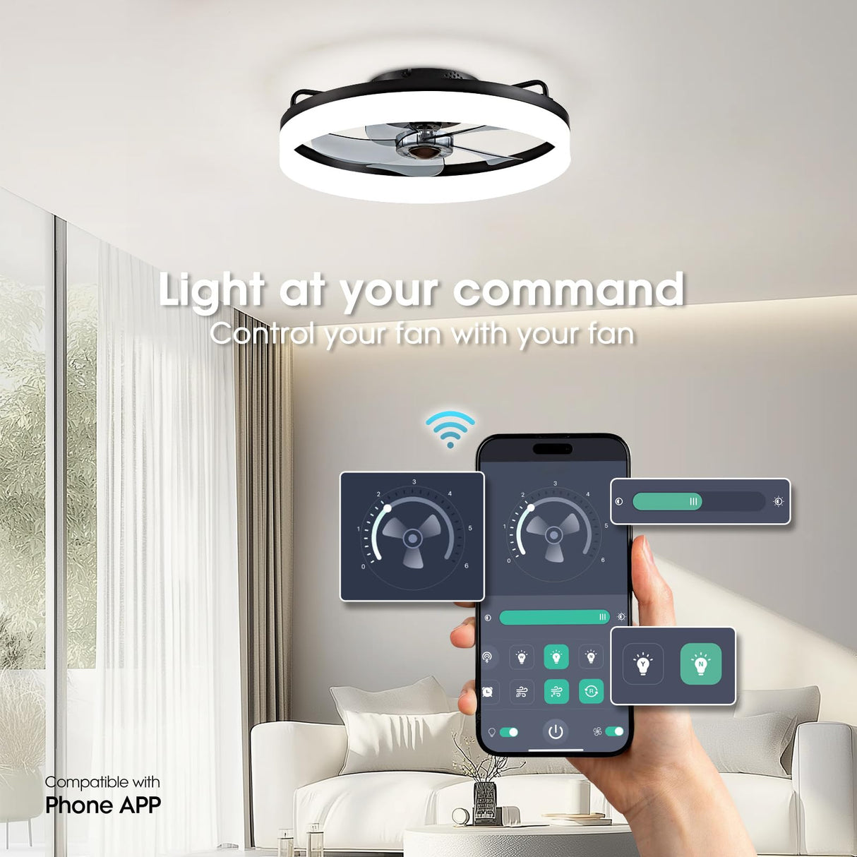 LUDOMIDE Ceiling Fans with Lights, Flush Mount Ceiling Fan with Lights and Remote, 6 Wind Speeds Low Profile Ceiling Fan for Bedroom, Kids Room and Living Room 20" (Black) LUDOMIDE