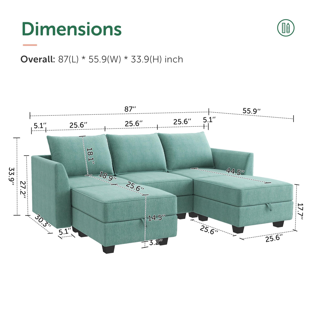 HONBAY Reversible Sectional Sofa with Ottomans & Chaises Modular Sofa U Shaped Couch with Storage Seats, Aqua Blue HONBAY