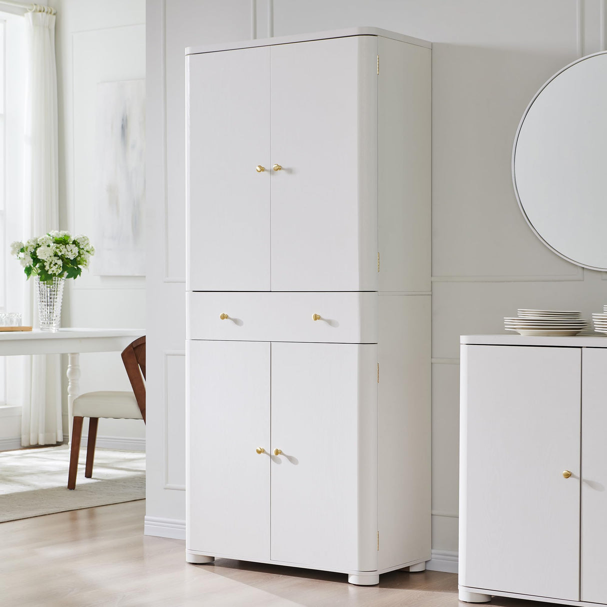 IFGET 71" Tall Kitchen Pantry, Modern Curved Pantry Storage Cabinet with 4 Doors and 6 Adjustable Shelves, Cupboard for Kitchen, Dining Room, Living Room and Bathroom, White IFGET