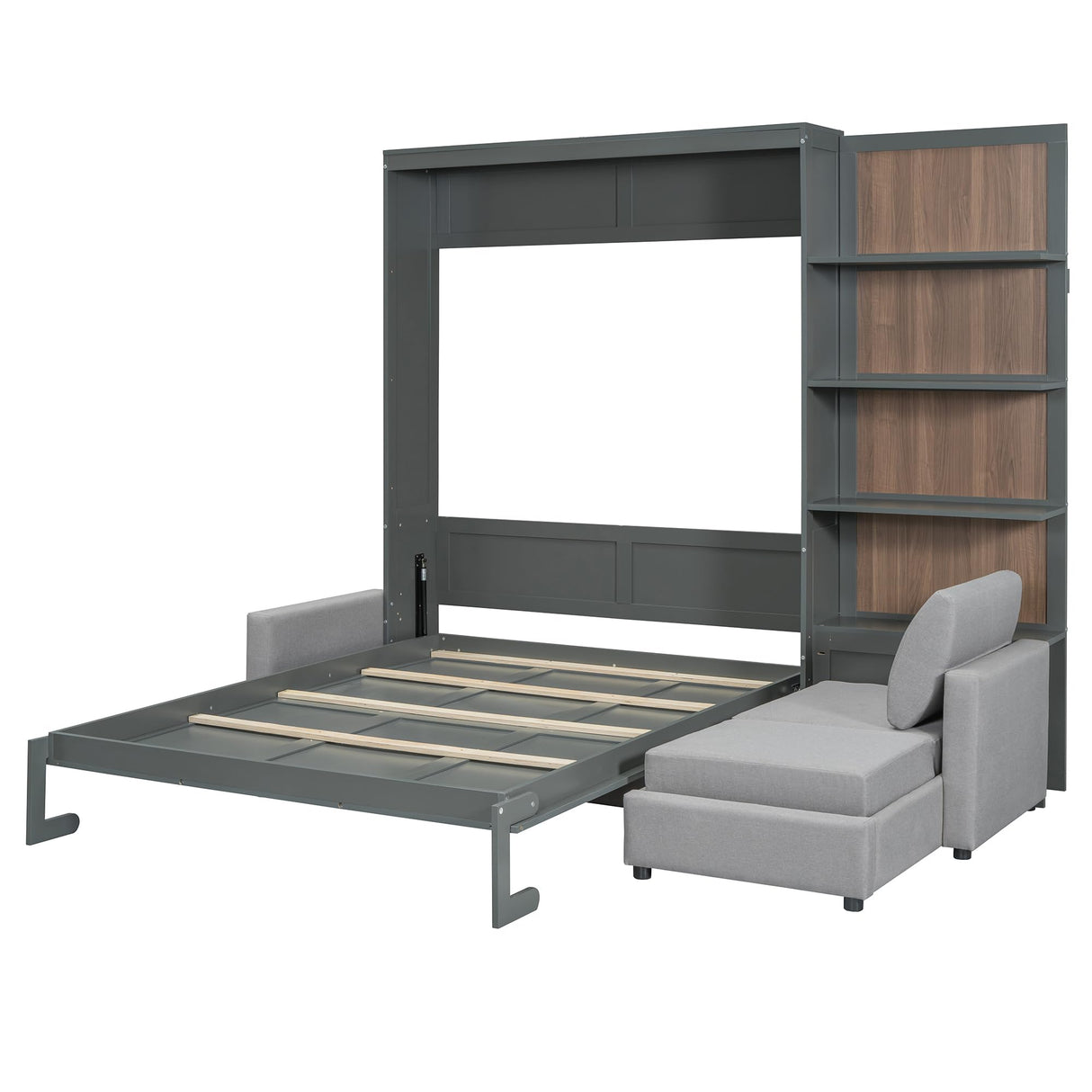 Queen Size Murphy Bed Wall Bed with Sofa and Shelves,Versatile Convertible Wooden Bed Frame,Space-Saving for Multipurpose Guest Room or Home Office (Gray) GYYBED
