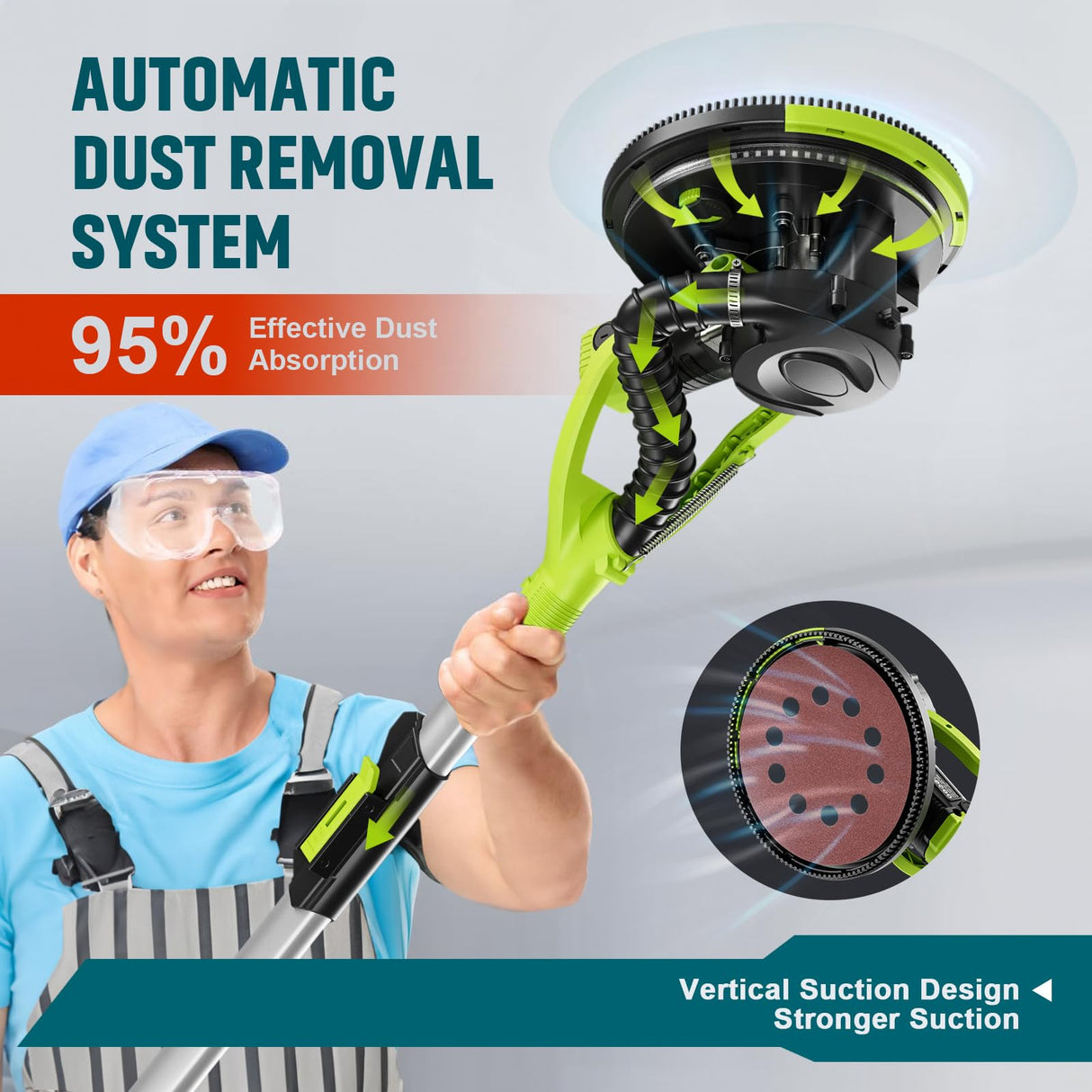 AMYBEST Drywall Sander, Powerful Electric Drywall Sander with Vacuum Dust Collection, 5 Speed 1000-2100 RPM, Popcorn Ceiling Remover, LED Light & 12 Sanding Discs, Extendable Handle (GREEN) AMYBEST