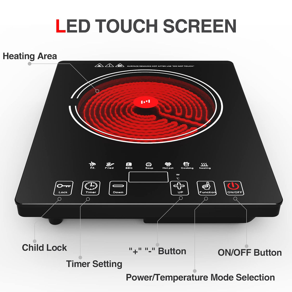 Electric Cooktop, Portable Electric Cooktop 1800W Single Burner Stove with LED Touch Screen, 8 Power & 8 Temperature Levels, Timer, Microcrystalline Panel,120V Energy Saving Hot Plate for Home Camping GTKZW