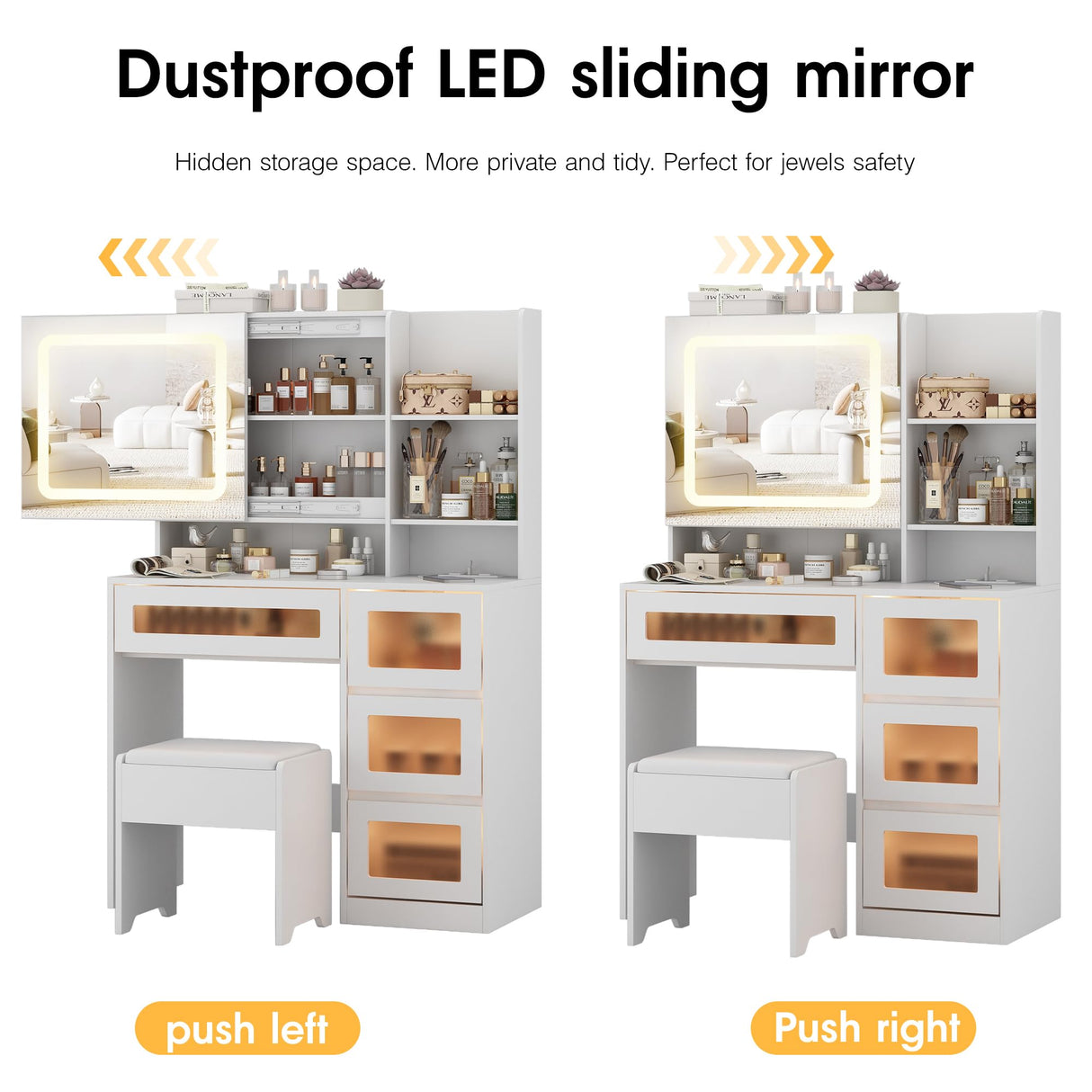 Makeup Vanity Desk with Sliding Mirror and Lights, 4 Drawers & Charging Station, LED Light, Vanity Table with Adjustable Brightness & 3 Colour Light Modes, Dresser Desk and Cushioned Stool Set, White Vabches