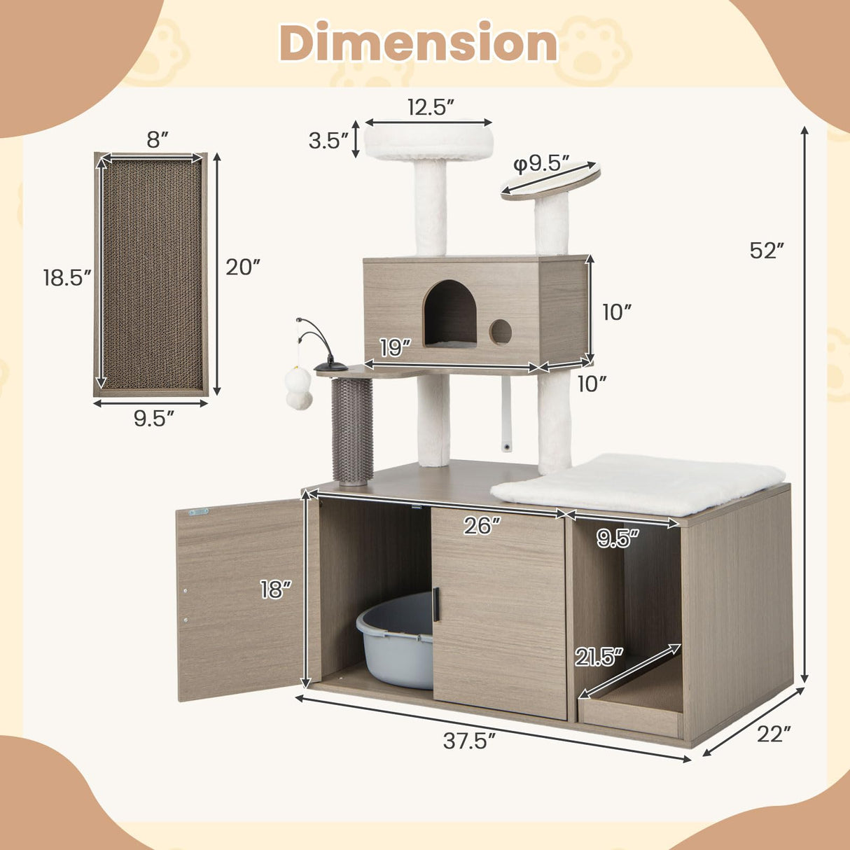 Tangkula Cat Tree with Litter Box Enclosure, Cat Tower with Litter Box, Cat Condo, Scratching Board, Soft Plush Perch, Dangling Balls, Groomer, Modern Hidden Litter Box Furniture for Indoor Cats Tangkula