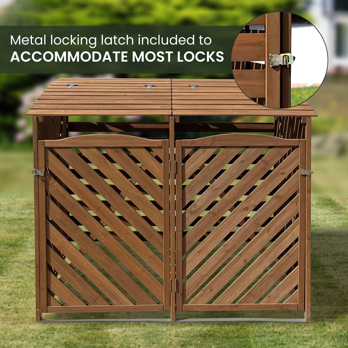 Hanover Outdoor 4.9-ft. x 4-ft. Wooden Trash Bin and Recyclables Storage Shed in Brown, Weather Resistant Trash Can Storage Container with Locking Latch for Lawn, Carport, Driveway Hanover