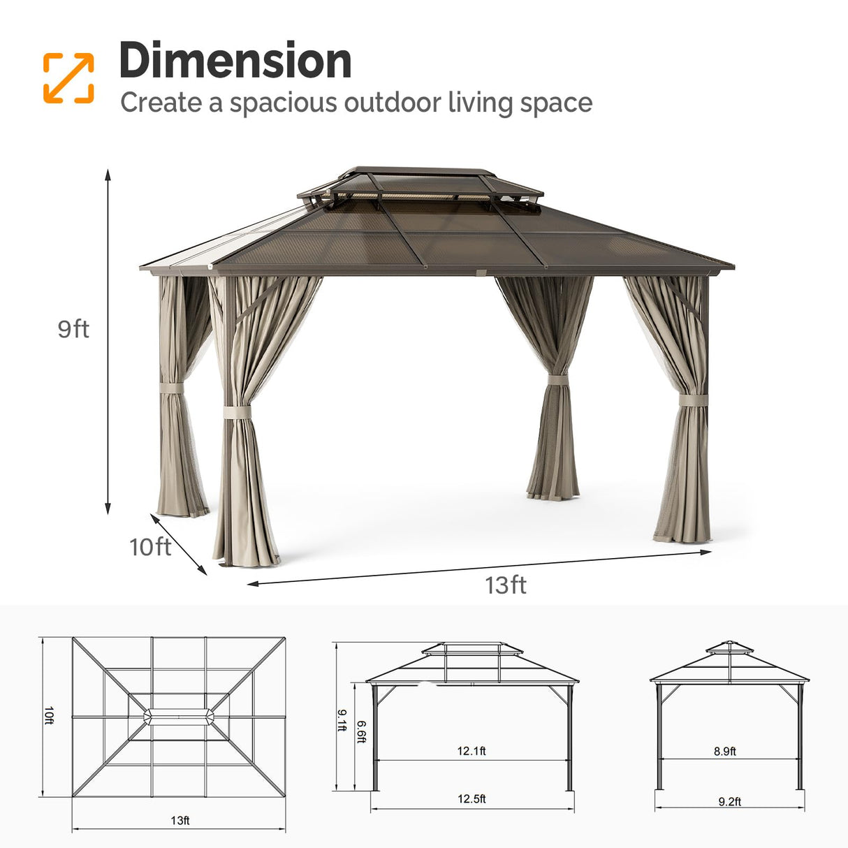VINGLI 10’ x 13’ Outdoor Hardtop Gazebo Polycarbonate Double Roof Canopy Aluminum Frame Pavilion with Curtains and Netting Patio Gazebo Pergola VINGLI