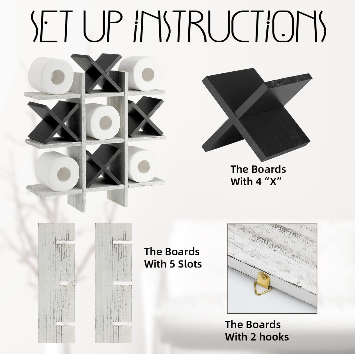 Weysat Tic Tac Toe Toilet Paper Holder Stand Bathroom Wall Decor Rustic Wooden Hanging Storage Freestanding Wall Mounted Shelves Decor for Toilet Tissue Farmhouse Weysat