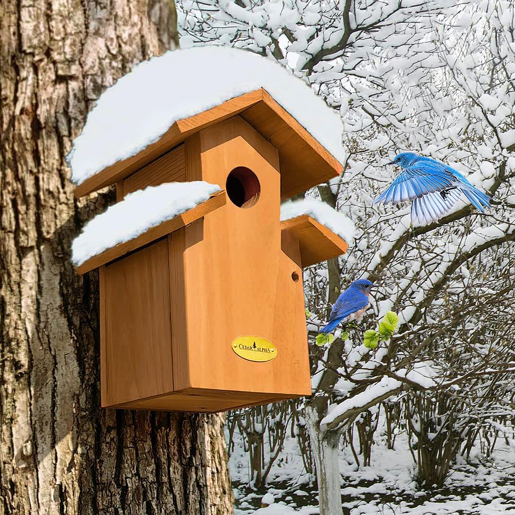 Cedar Comfy Mansion Bluebird House for Outside,2 Layers Metal Roof Water Proof, Outdoor Lifetime Durability Solid Cedar Wood Bird House for Pole, Secure Latch, Updated 1.5" Hole Size CEDAR ALPHA