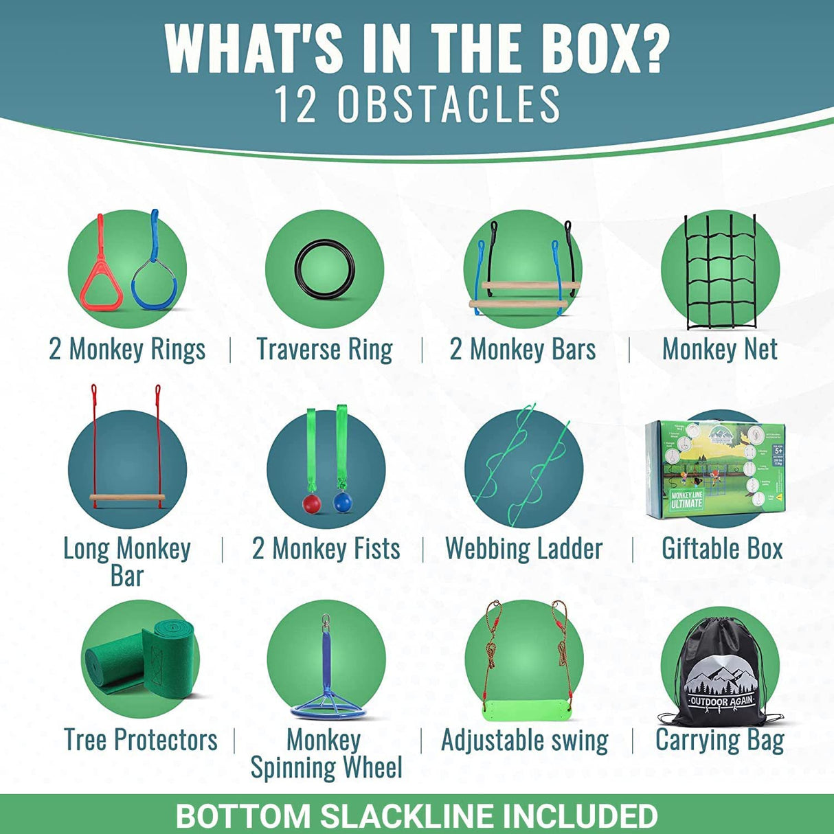 Ninja Warrior Obstacle Course for Kids – 2 x 65ft Slackline with 13 Obstacles, Weatherproof, Adjustable Difficulty, Safe Setup on Trees or Posts, Supports Up to 880lbs, Fun Outdoor Ninja Training Outdoor Again