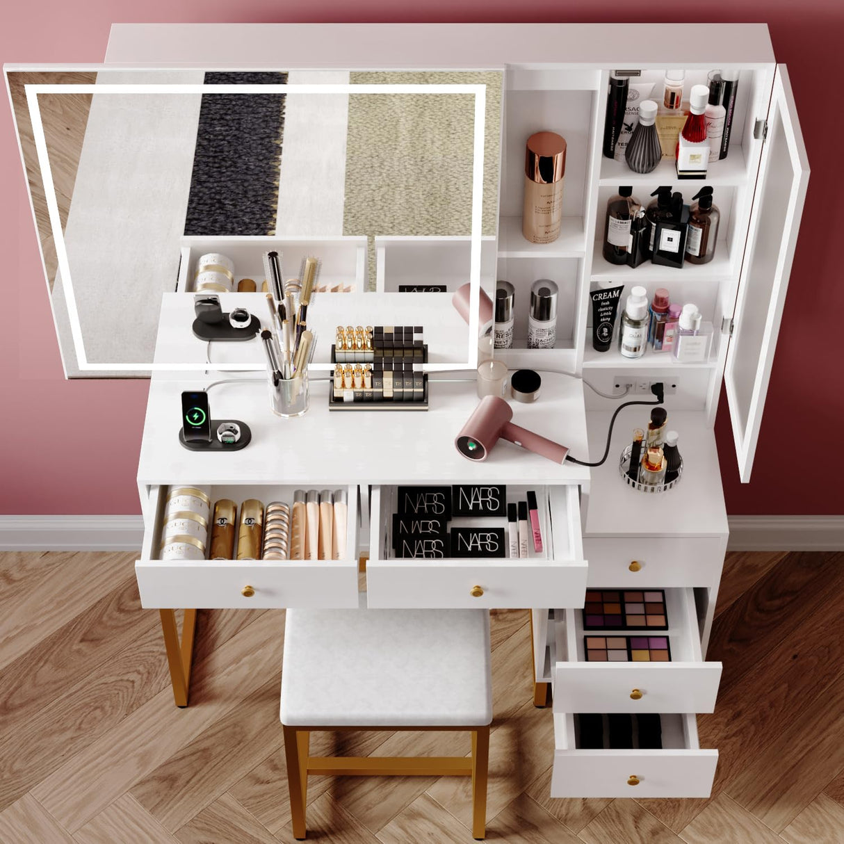 Jartoil Vanity Desk with Lighted Mirror and Charging Station, Extra Large Mirror Vanity Dresser with Storage Shelves, Modern Vanity Set with Nightstand, Cushioned Stool (White-1) Jartoil