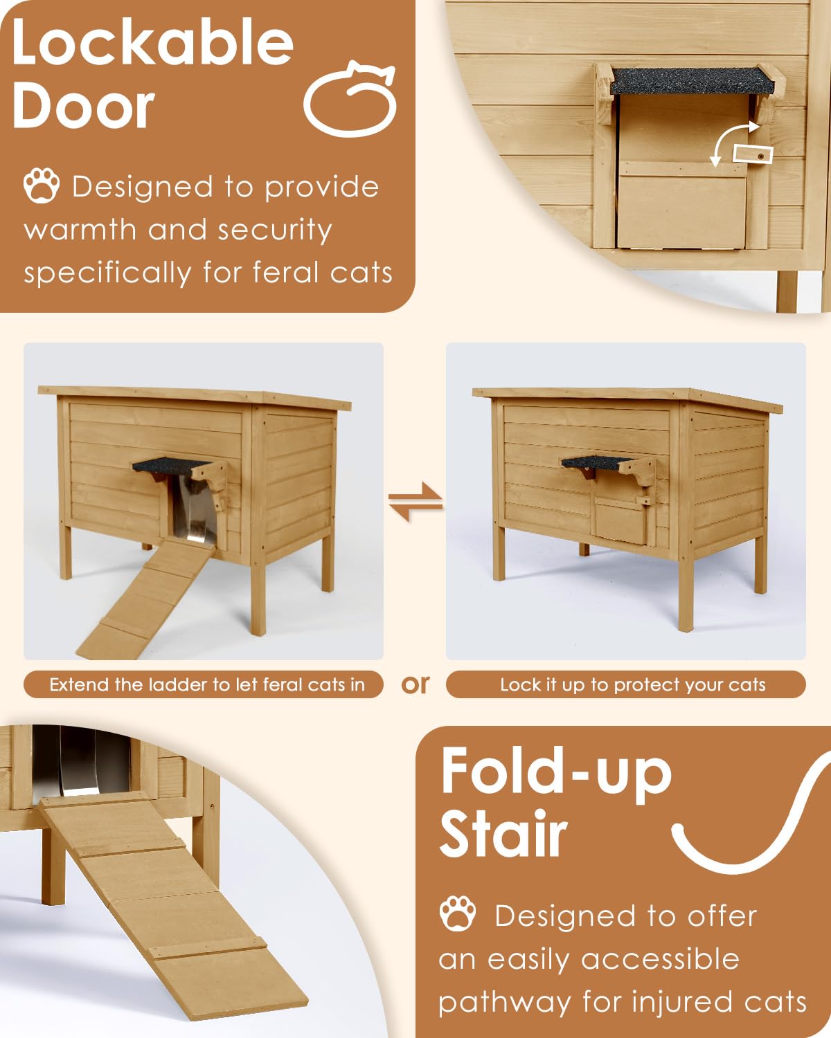 Ivy&Lane Outdoor-Cat-House | Insulated-Feral-Cat-Shelter | Weatherproof | for Winter | Foam & Wood | Large | for Multiple Cats | Fold-up Stair | Acrylic Window | Brown IVY&LANE