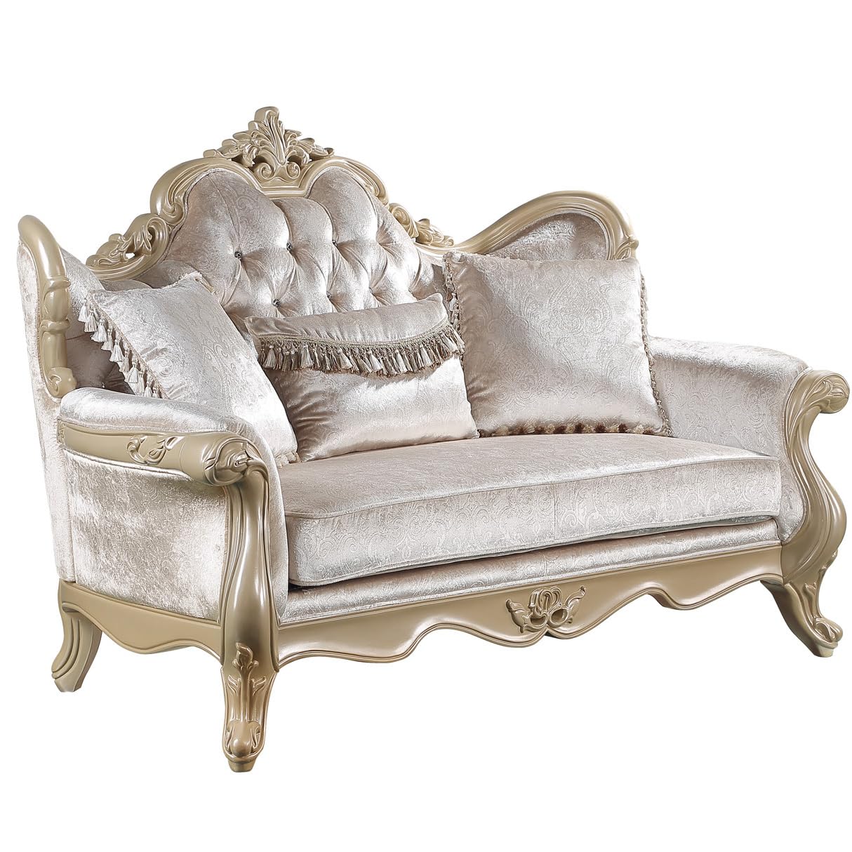 Acme Libertee Upholstered Loveseat with 3 Pillows in Beige and Champagne Acme