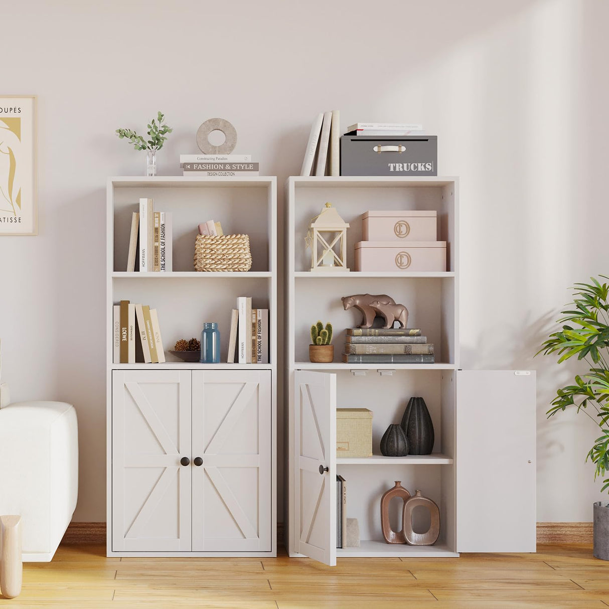 MXV Bookshelf Bookcase with Doors, 4 Tier Wooden Storage Shelves Organizer, Floor Standing Display Cabinet Shelves, Home Decor Furniture for Home Office, Living Room, Bedroom, White MXV