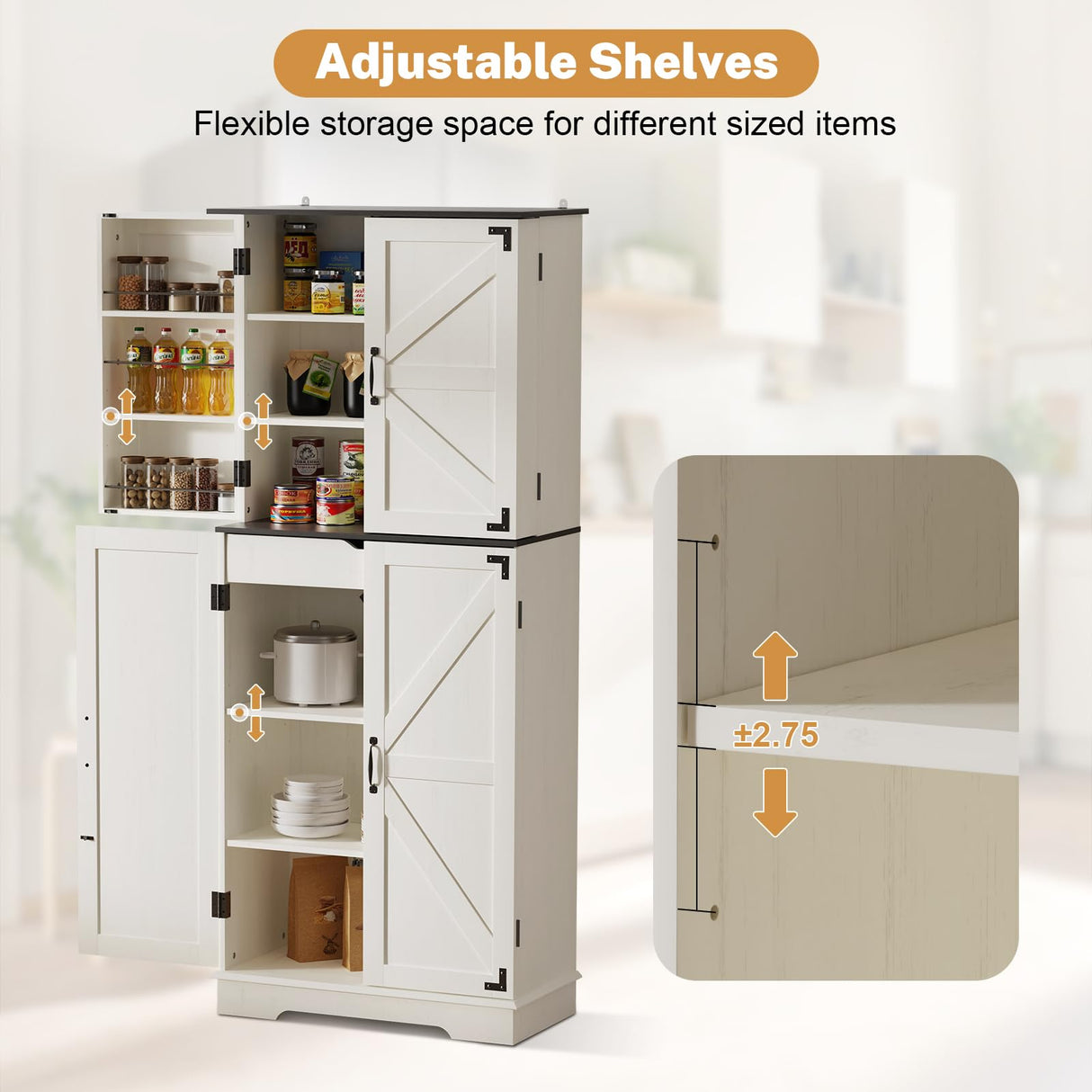 Sunny Heart 72" H Kitchen Pantry Storage Cabinet, Farmhouse Pantry Cabinet with 4 Doors, Adjustable Shelves, Drawer,Wood Cupboard for Kitchen, Dining Room, Bathroom, Off White Sunny Heart