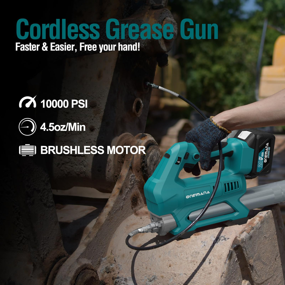 ONEMANA Cordless Grease Gun with 10,000 PSI Electric Grease Gun Cordless 20V,40" Grease Gun Hose,Power Grease Gun with 6-Speed Triggers(Tool Only) ONEMANA