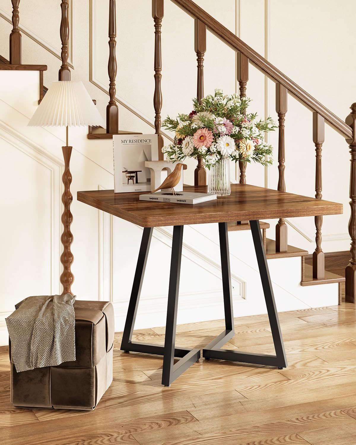 LITTLE TREE 31.5 Inches Small Dining Table for 4, Square Dinner Table for Small Space, Dining Room Tables, Rustic Brown Wooden Kitchen Table with Metal Legs, Modern Leisure Cafe Table for Apartment LITTLE TREE