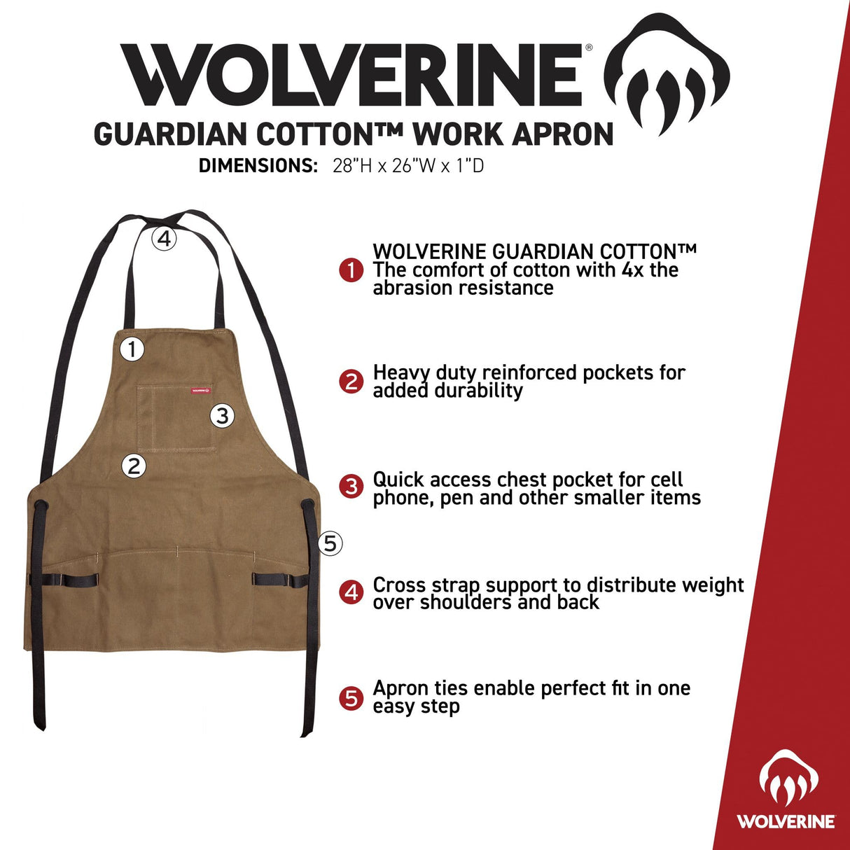 WOLVERINE Guardian Cotton Work Apron Durable & Comfortable for the Hardest Workers with Reinforced Pockets, Cross Strap Support and Quick Access Chest Pocket Brown WOLVERINE