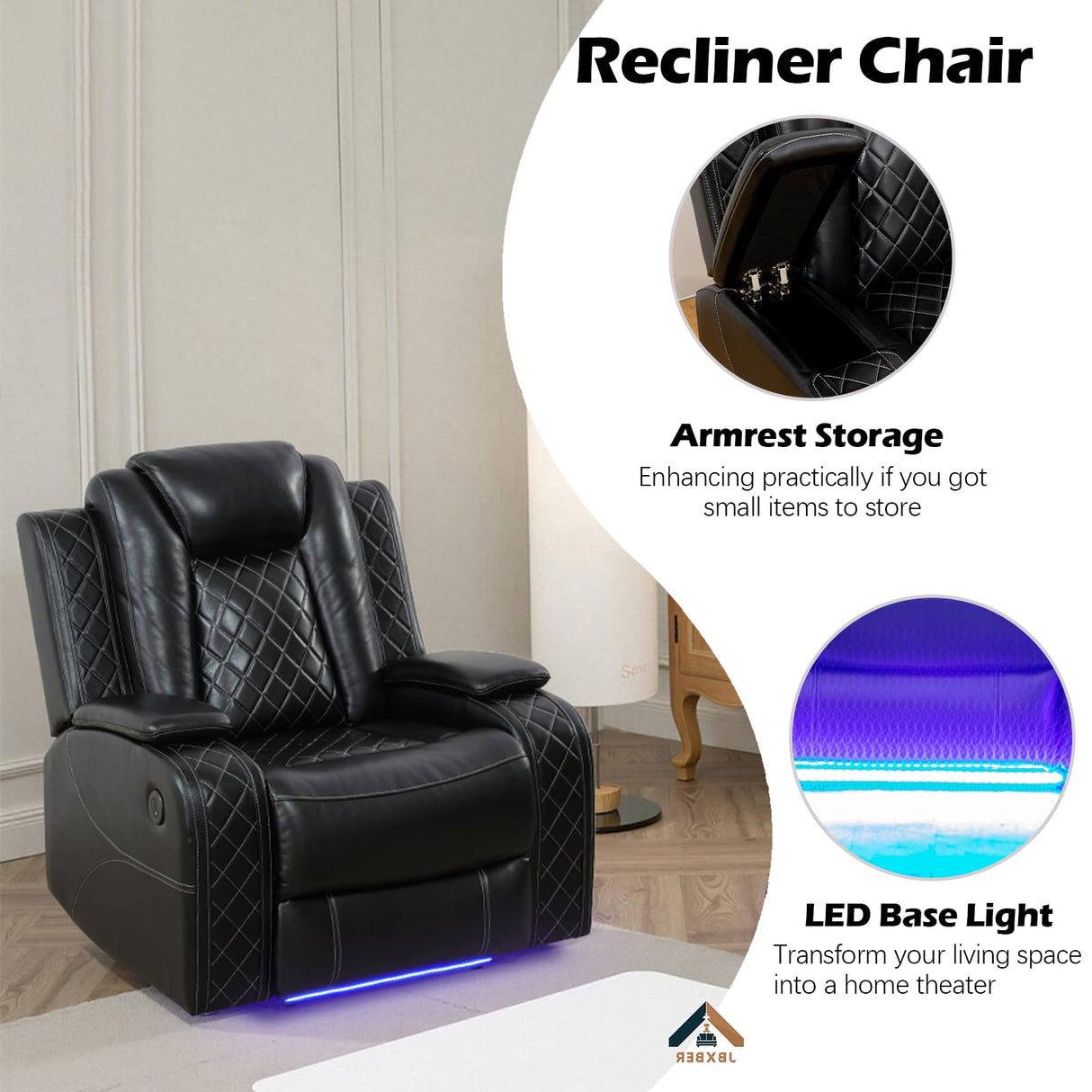 JBXBER Power Recliner Sofa Set with LED Lights, Power Reclining Sofa Set with Cup Holder, Storage Console, Faux Leather Couch for Home Theater Seating(Sofa, Loveseat and Chair,Black) JBXBER