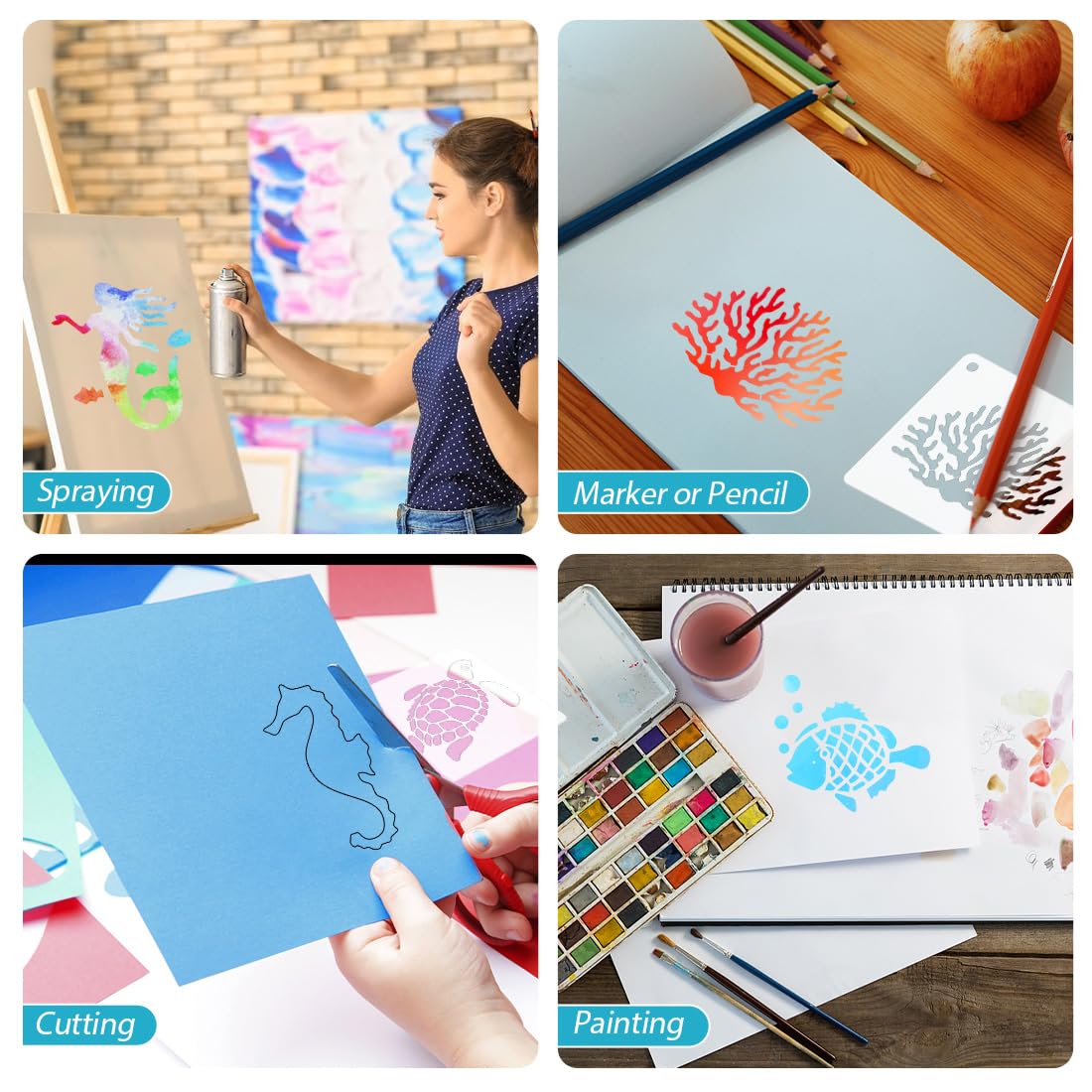 80 Pcs Ocean Animal Painting Stencils Reusable Sea Stencils for Painting on Wood Rocks Canvas Fabric Glass Pottery 2x2 Inch CH HAICHENG