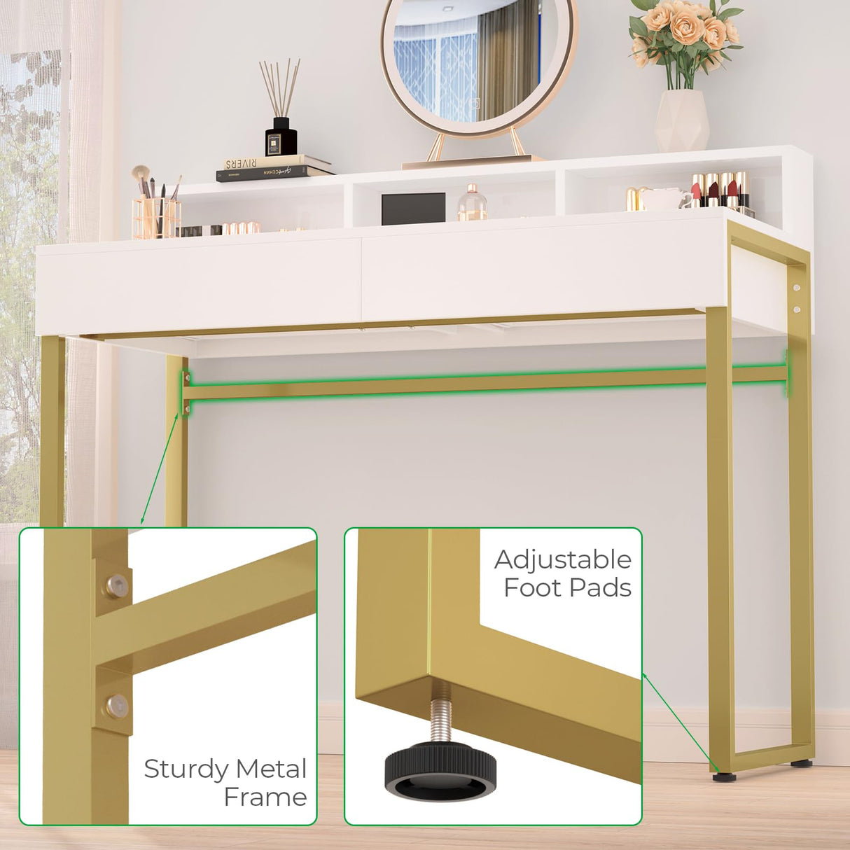 GreenForest Vanity Desk with 2 Drawers, White Makeup Desk with 3 Storage Spaces, 40 inch Small Desk with Gold Metal Legs, Modern Home Office Desk for Kids, Bedroom (No Mirror) GreenForest