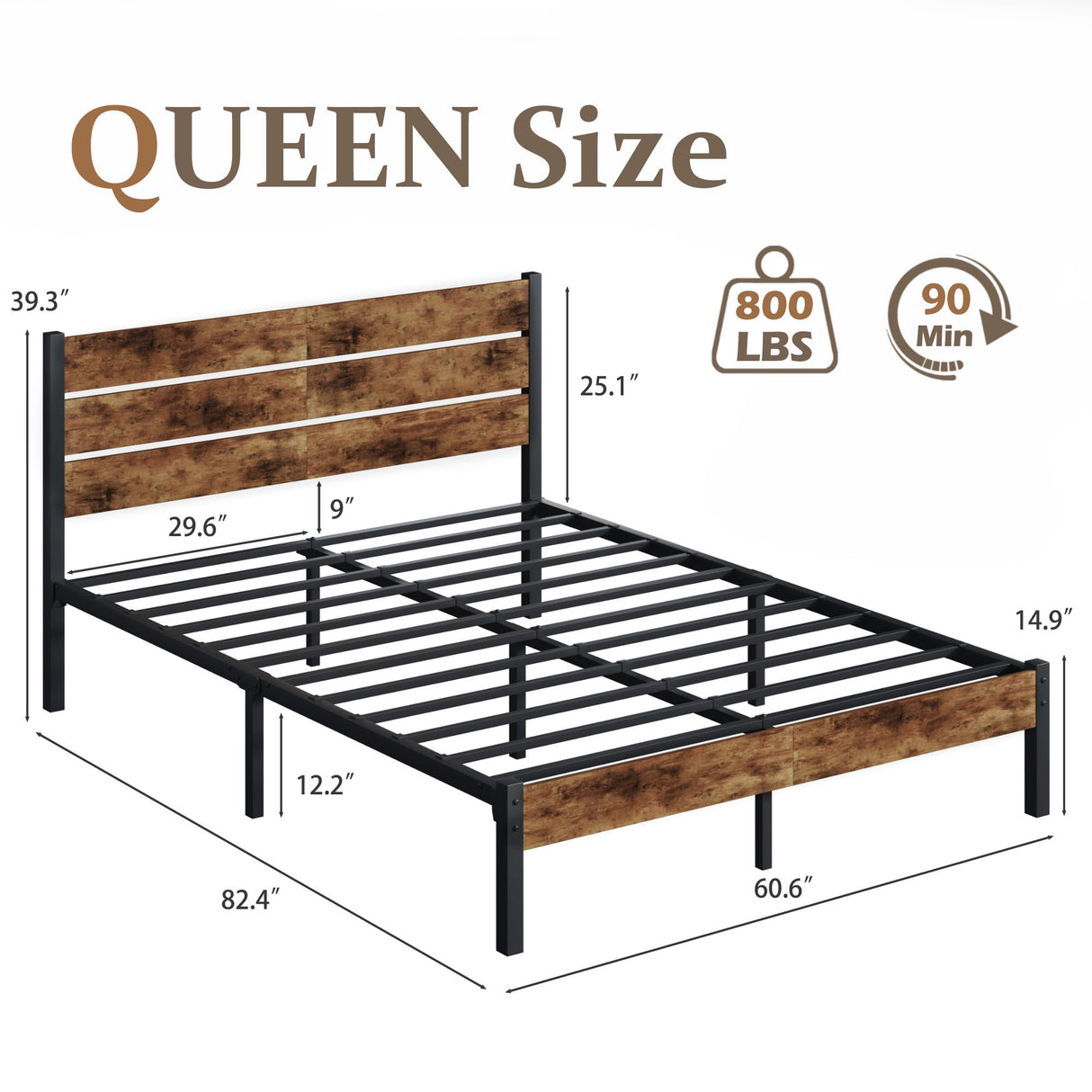Lifezone Queen Bed Frame with Headboard and Footboard, Metal Queen Bed Frame with Under-Bed Storage, All-Metal Support System, No Box Spring Needed, Easily Assemble, Rustic Brown Lifezone