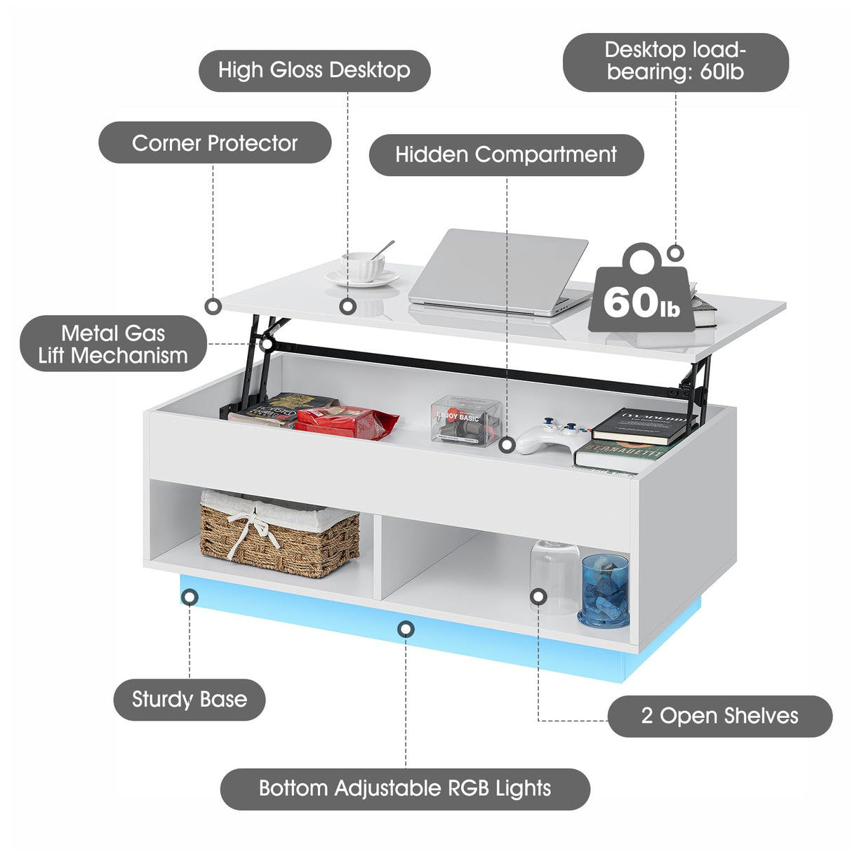 LED Coffee Table for Living Room Lift Top Coffee Tables with Storage Morden High Gloss 4 Tiers White Tea Table Center Tables Sofa Hidden Compartment & 2 Open Shelve HOMMPA