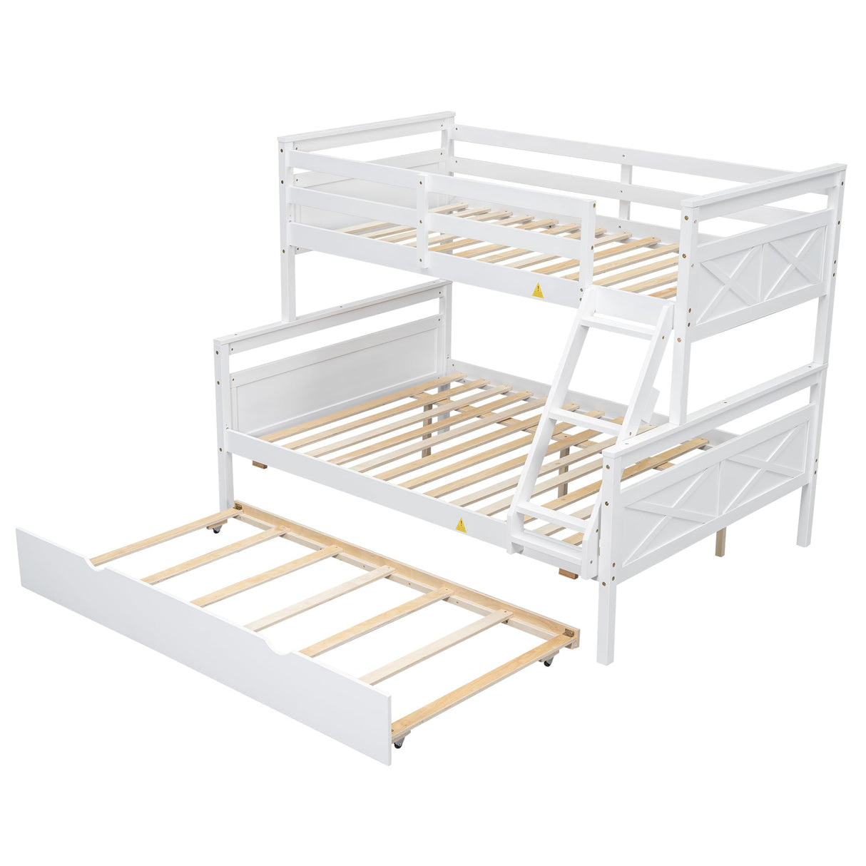 Merax Twin Over Full Bunk Bed, Kids Bedroom White Wooden Bunk Bed Frame, Convertible to 2 Separated Beds with Trundle, Ladder & Safety Guardrail for Teens, Wood Slat Support, Easy Assembly, White Merax