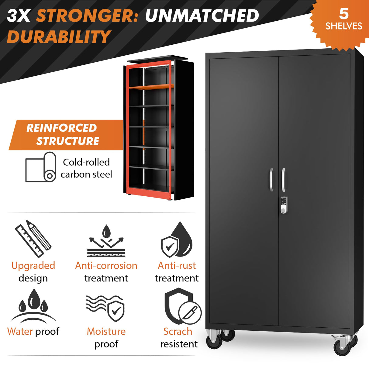 METALTIGER Metal Storage Cabinet with Wheels & Lock, Rolling Garage Storage Locker with Locking Doors, Tool Cabinet on Wheels (72" Large Rolling Digital, Black) METALTIGER