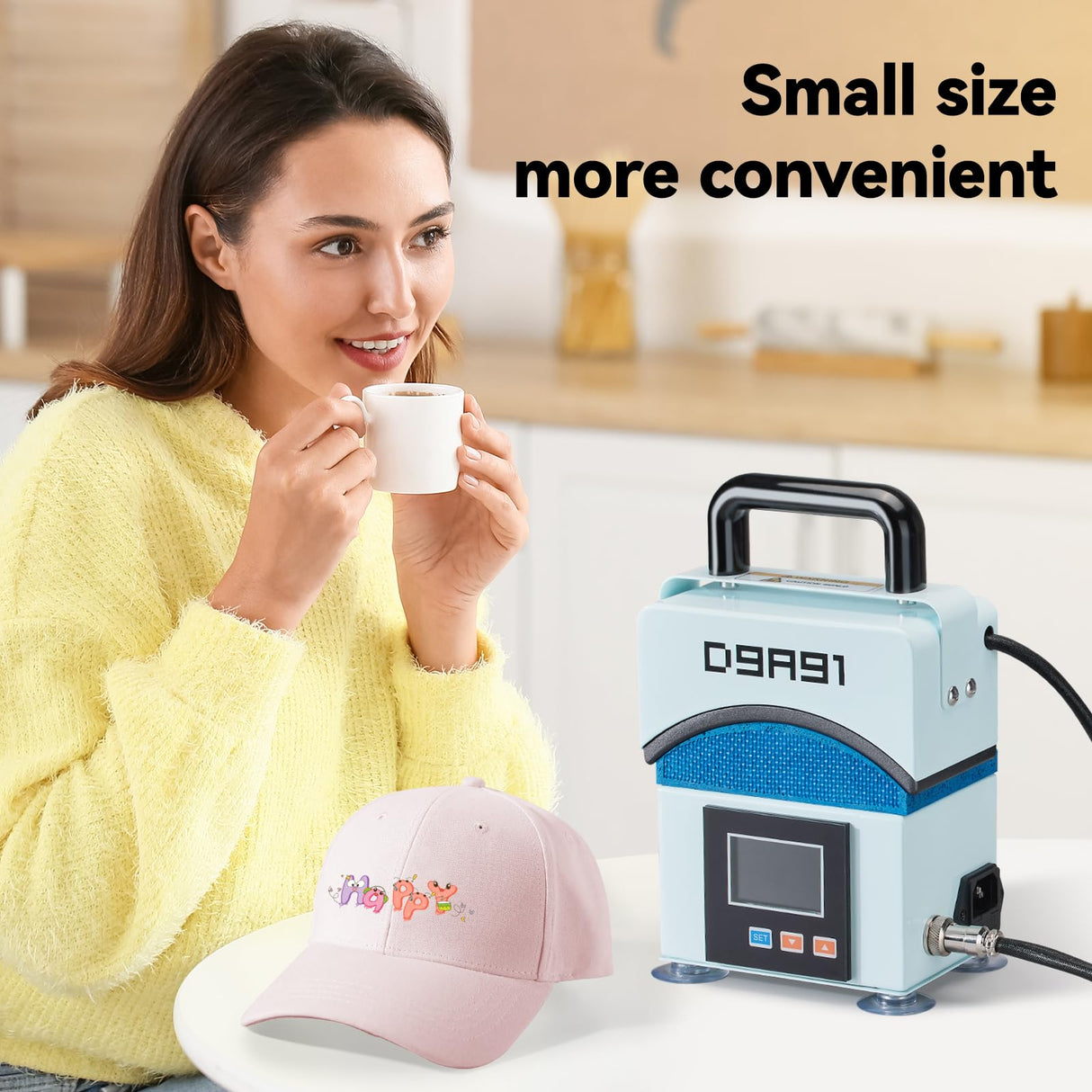 D9A91 Hat Press,Mini Hat Press Machine. for Caps, T-Shirt & More, Curved Heating Plate and Silicone Base,Heat Up Fast and Even, No Crease, LCD Digital Temperature &Timer Control-Light Blue D9A91