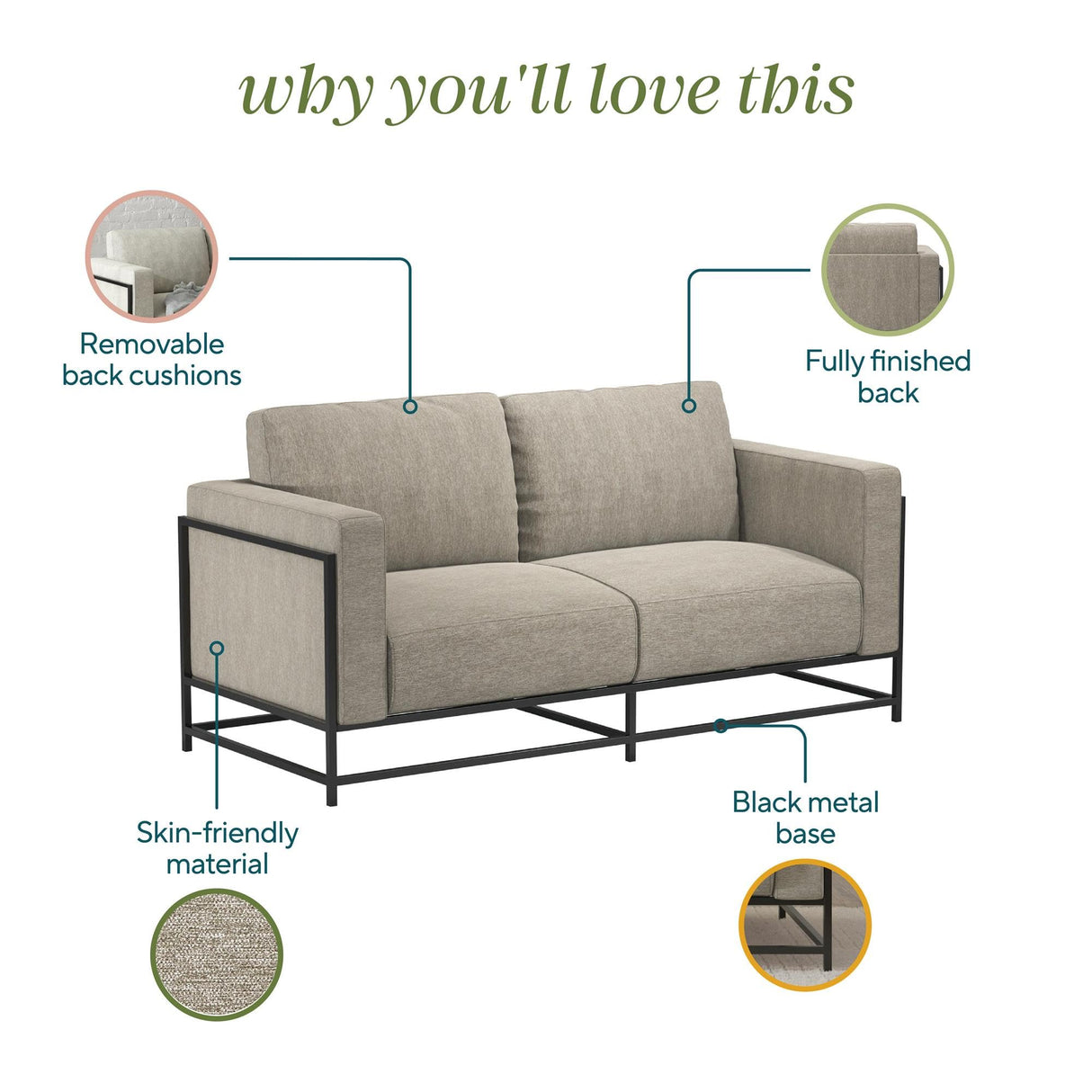 Novogratz Kelly Industrial Modern 72" Sofa with Metal Base, Beige Novogratz