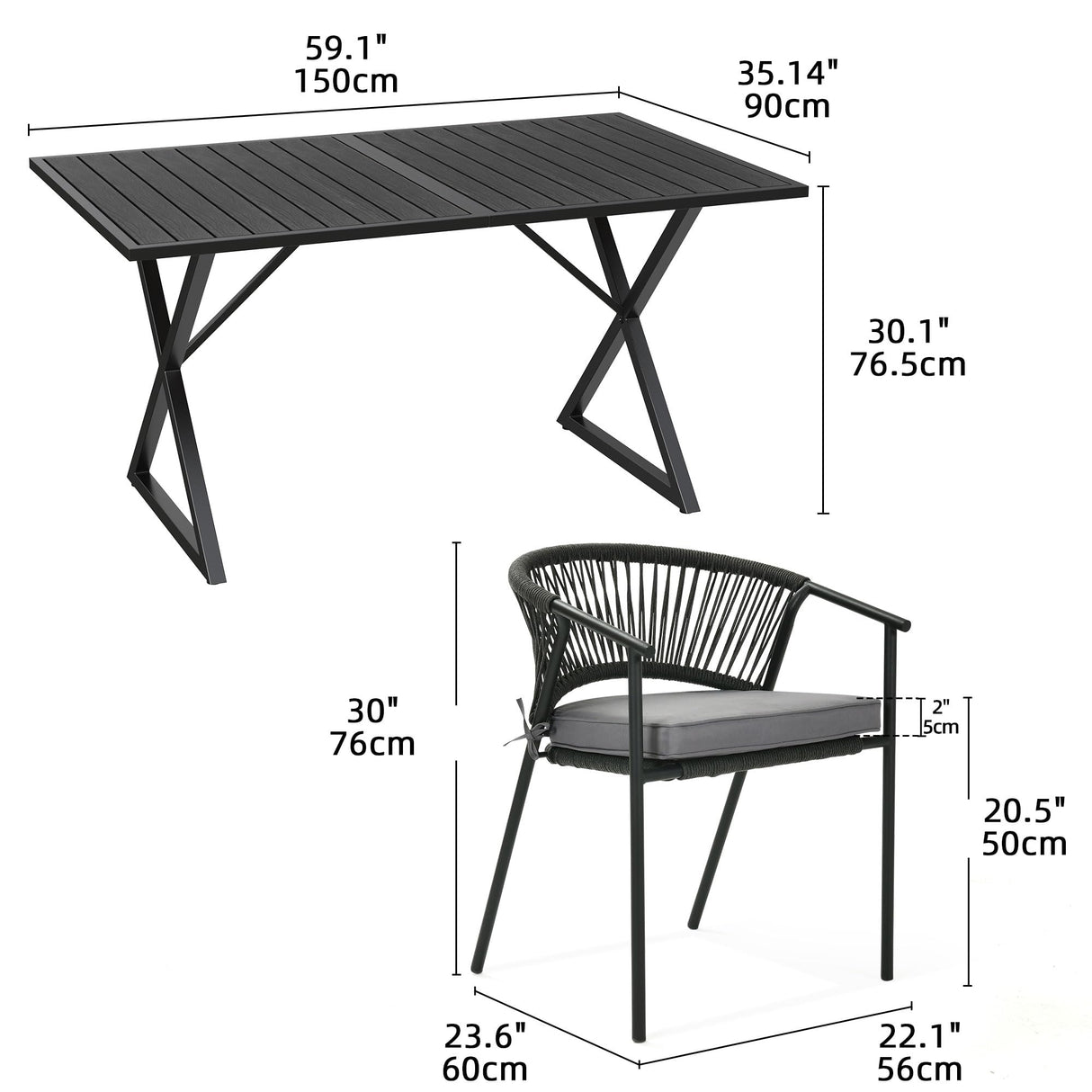 YITAHOME 7 Piece Patio Dining Set, Stackable Chairs with Comfortable Cushions, 59" Rectangle Tables with Metal Frame and Faux Wood Tabletop for Patio Balcony Porch Poolside Lawn Garden, Black YITAHOME