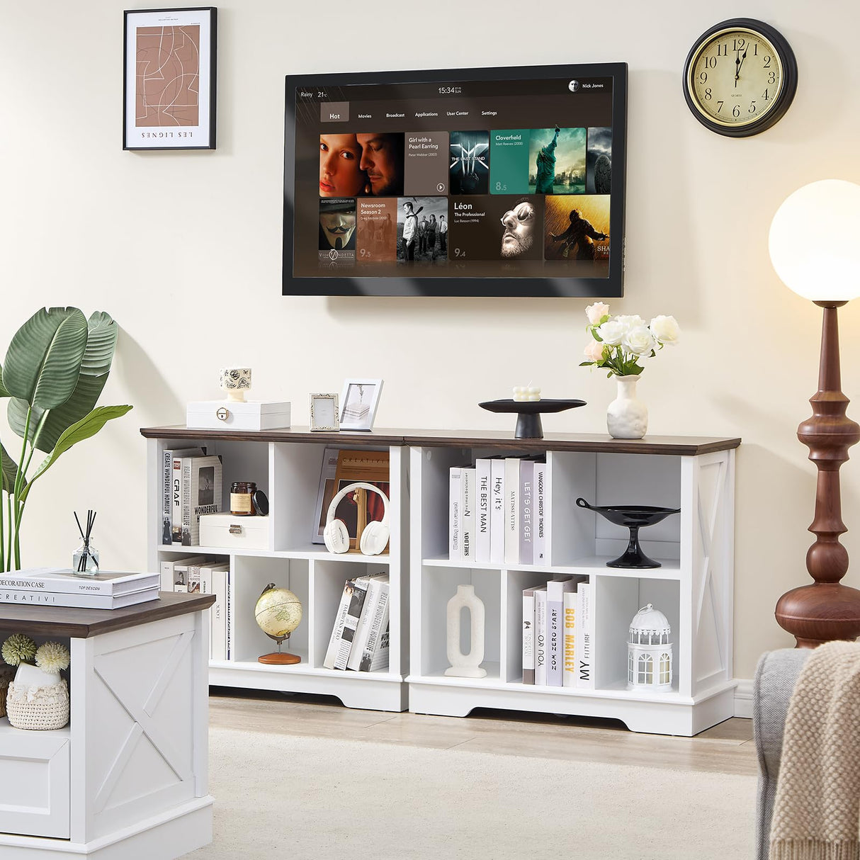 Farmhouse 5 Cube Bookshelf, White Storage Organizer Bookcase, Kids Toy Storage Cabinet, Small Bookshelves Storage Organizer Shelf, Wood Display Cabinet Book Shelves for Bedroom,Living Room,Office FFBCFDK