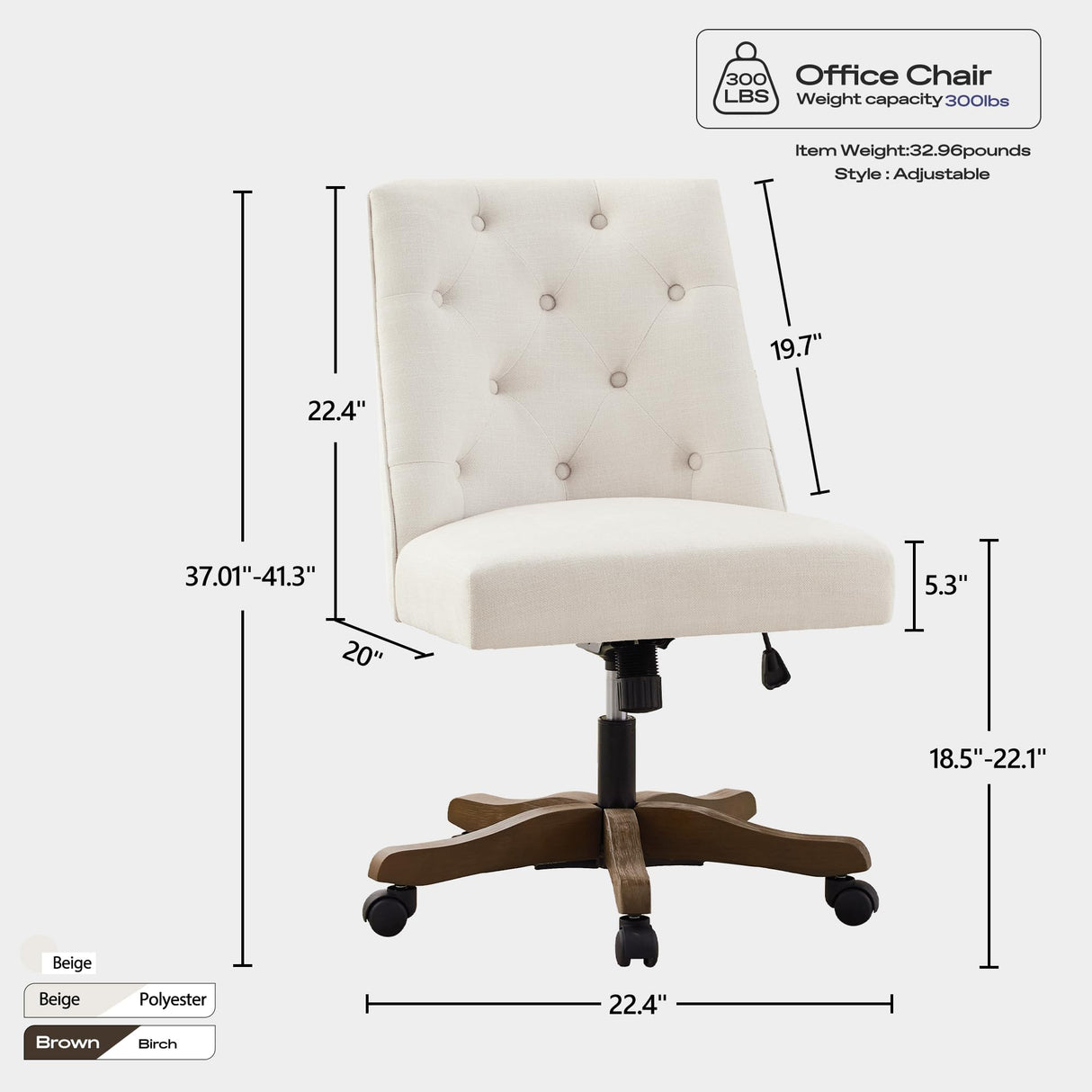 HUIMO Home Office Chair Upholstered Swivel Desk Chair with Wheels Chenille Fabric Adjustable Height Computer Chair with Wooden Legs Comfortable Armless Chair for Studio Study Home Office (Beige) HUIMO