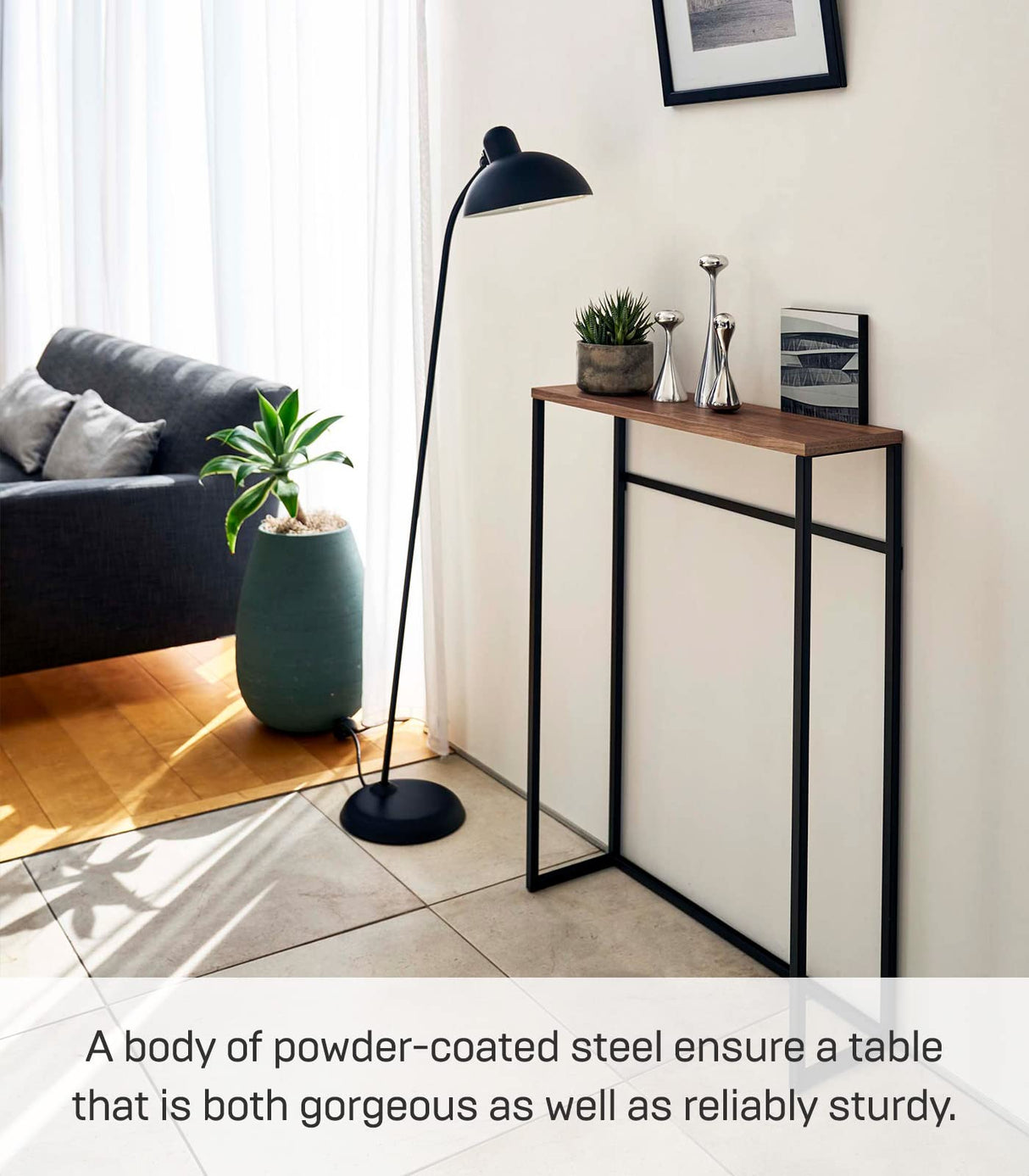 Yamazaki Home Modern Slim Console Table, Slim Narrow Accent Table for Entryway Or Living Room, Metal and Wood Skinny Hallway or Sofa Table Steel One Size Black YAMAZAKI