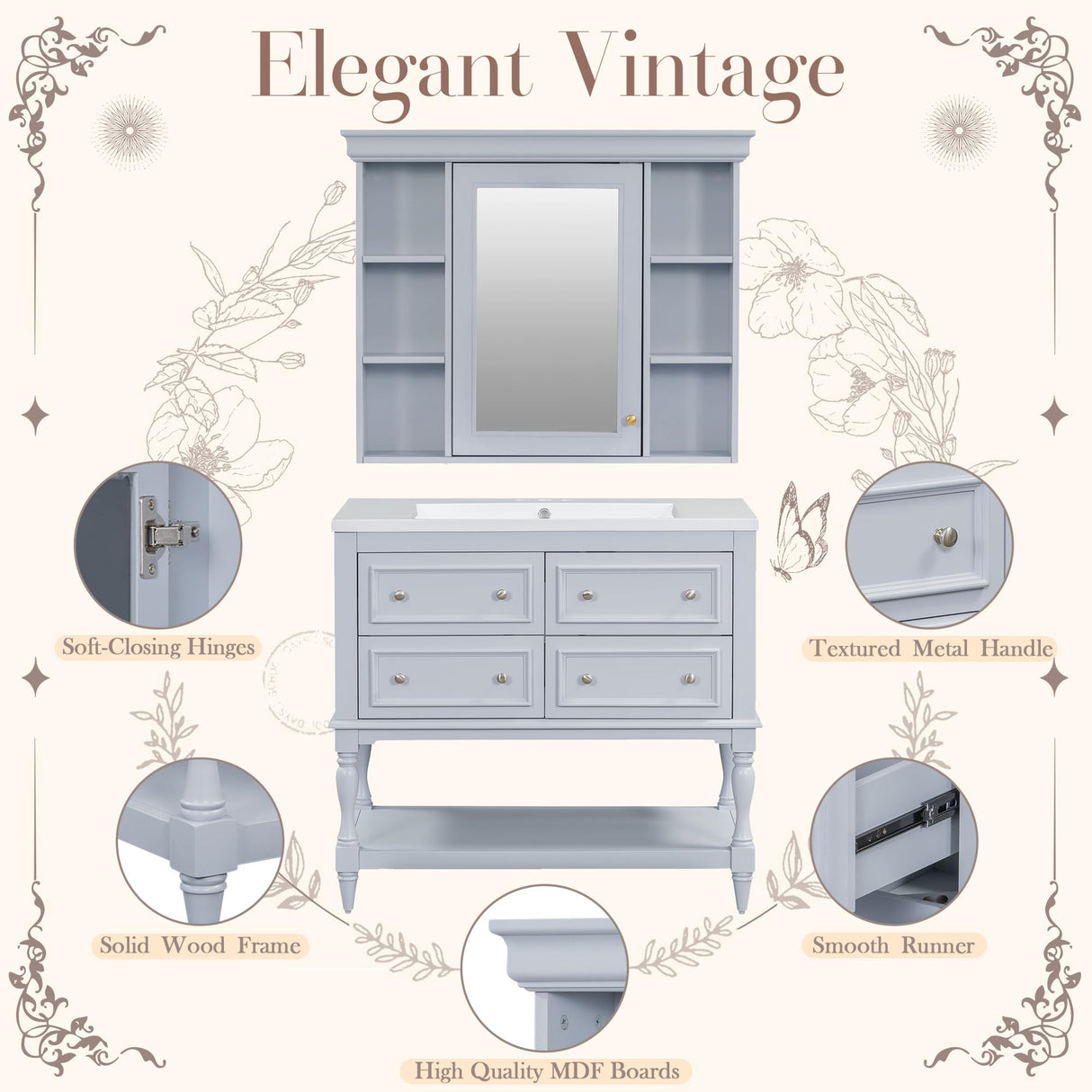 Merax Country 36" Bathroom Vanity with Matching Medicine Cabinet, Farmhouse Bathroom Vanity with Sink Storage Cabinet with 4 Drawers and Open Shelf, Solid Wood Frame Bath Storage Vanity Merax