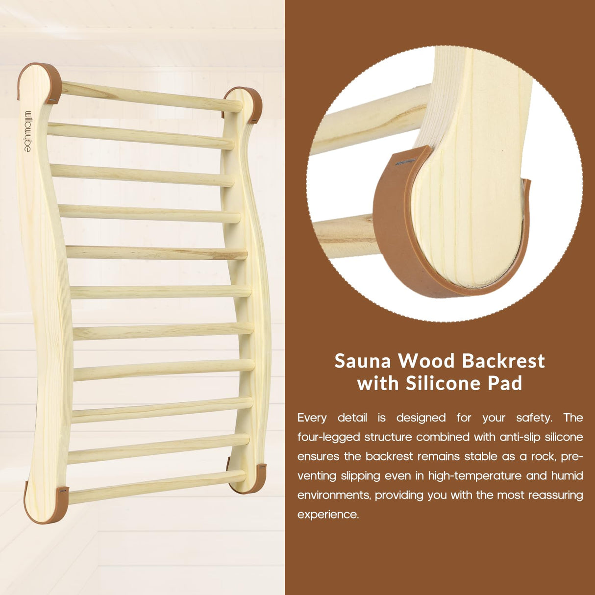 WILLOWYBE Sauna Backrest Durable Non-Slip Pads & Natural Scotch Pine Wood - Back Support for Infrared Sauna and Steam Sauna Accessories Luxury - Ideal for Everyday WILLOWYBE