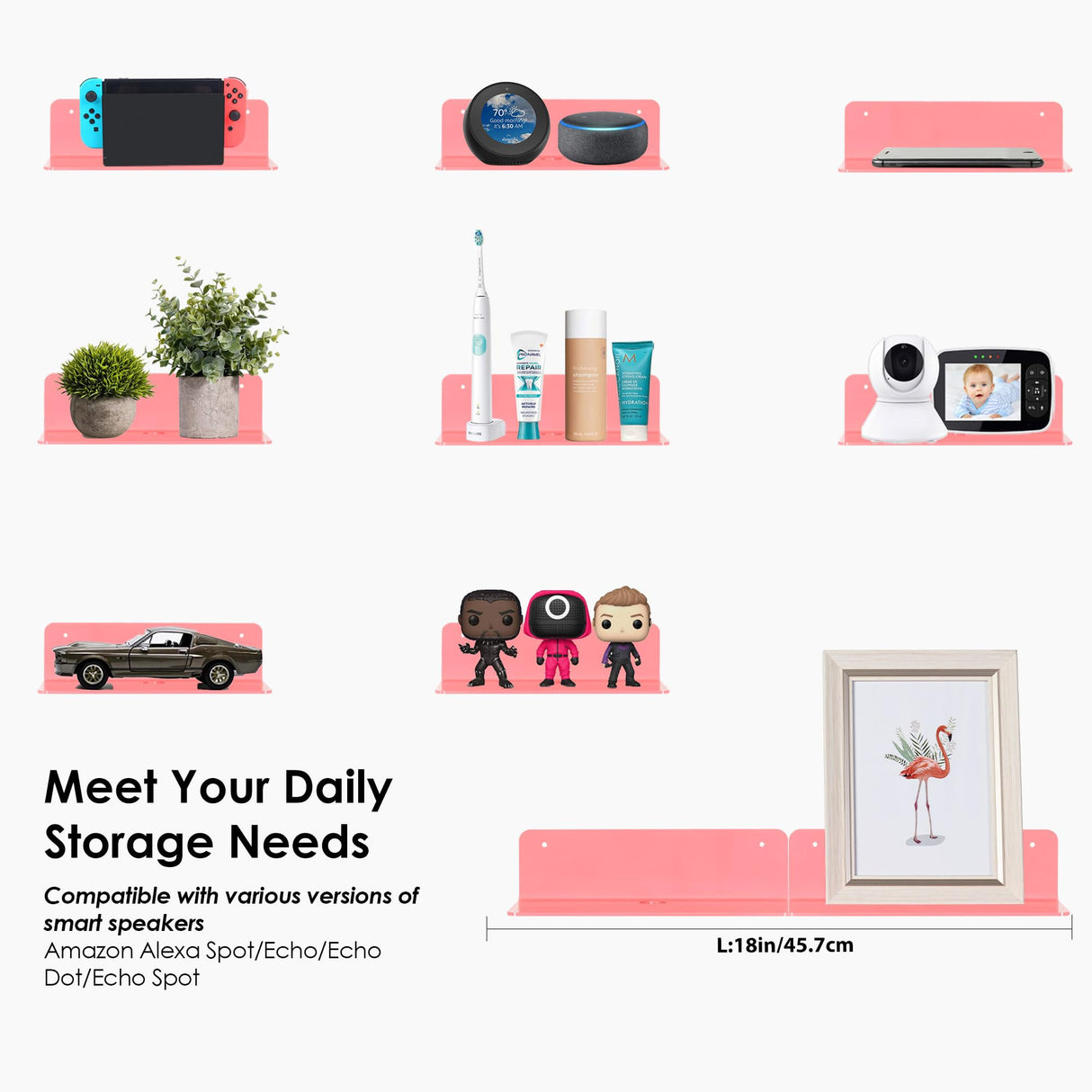 OAPRIRE Pink Acrylic Floating Shelves Set of 2 - Easily Expand Wall Space - Small Wall Shelf with Strong Adhesive for Bedroom, Kids' Room, Bathroom, etc OAPRIRE