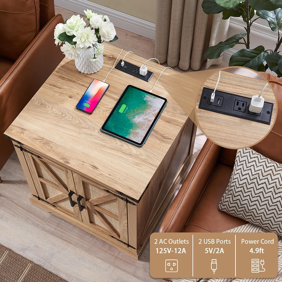 Barnyatoh Farmhouse Boho End Table with Charging Station, 24" Large Side Table with Rattan Barn Door, Rustic Wood Square Nightstand Bedside Table with Storage for Living Room, Bedroom, Natural Barnyatoh