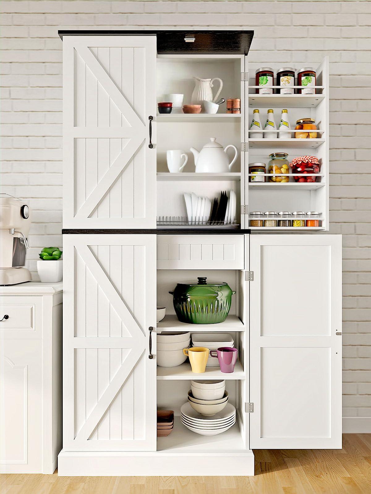 OtterOasis 72" Tall Pantry Cabinet, 31.5" W Larger Farmhouse Kitchen Pantry Cabinet with Barn Doors, Hidden Drawer and 4 Shelves, Wood Versatile Storage Cabinet for Kitchen, Dining Room, Living Room OtterOasis