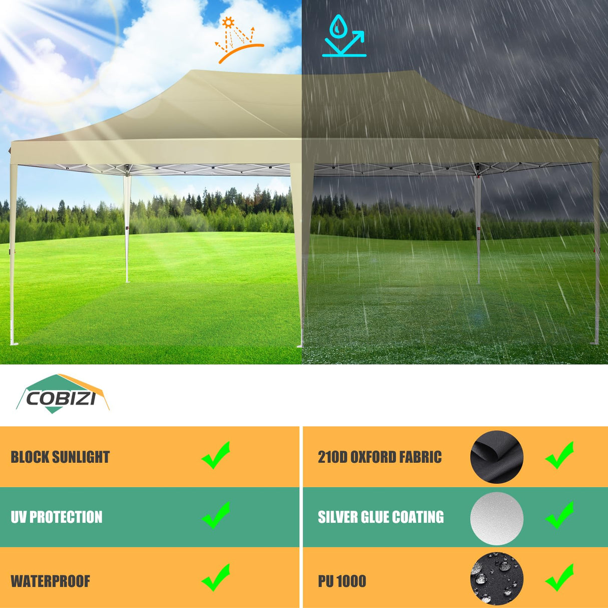 COBIZI 10x20 Pop Up Canopy Tent with 6 Sidewalls, Wedding Party Tent Outdoor Gazebos UV50+ Waterproof Canopy Tent Event Shelter for Parties, 3 Adjustable Heights, with Carry Bag(Khaki) COBIZI