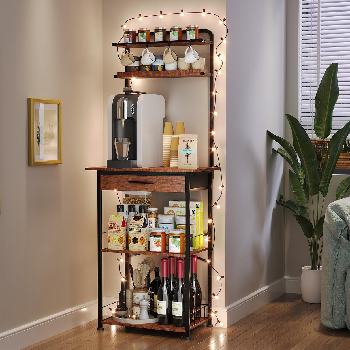 Homsorout Coffee Bar Station - Bakers Rack with Fabric Drawer, Microwave Oven Storage Stand, Bakers Rack for Coffee Stand Station, Home Kitchen Organizer, Brown Homsorout