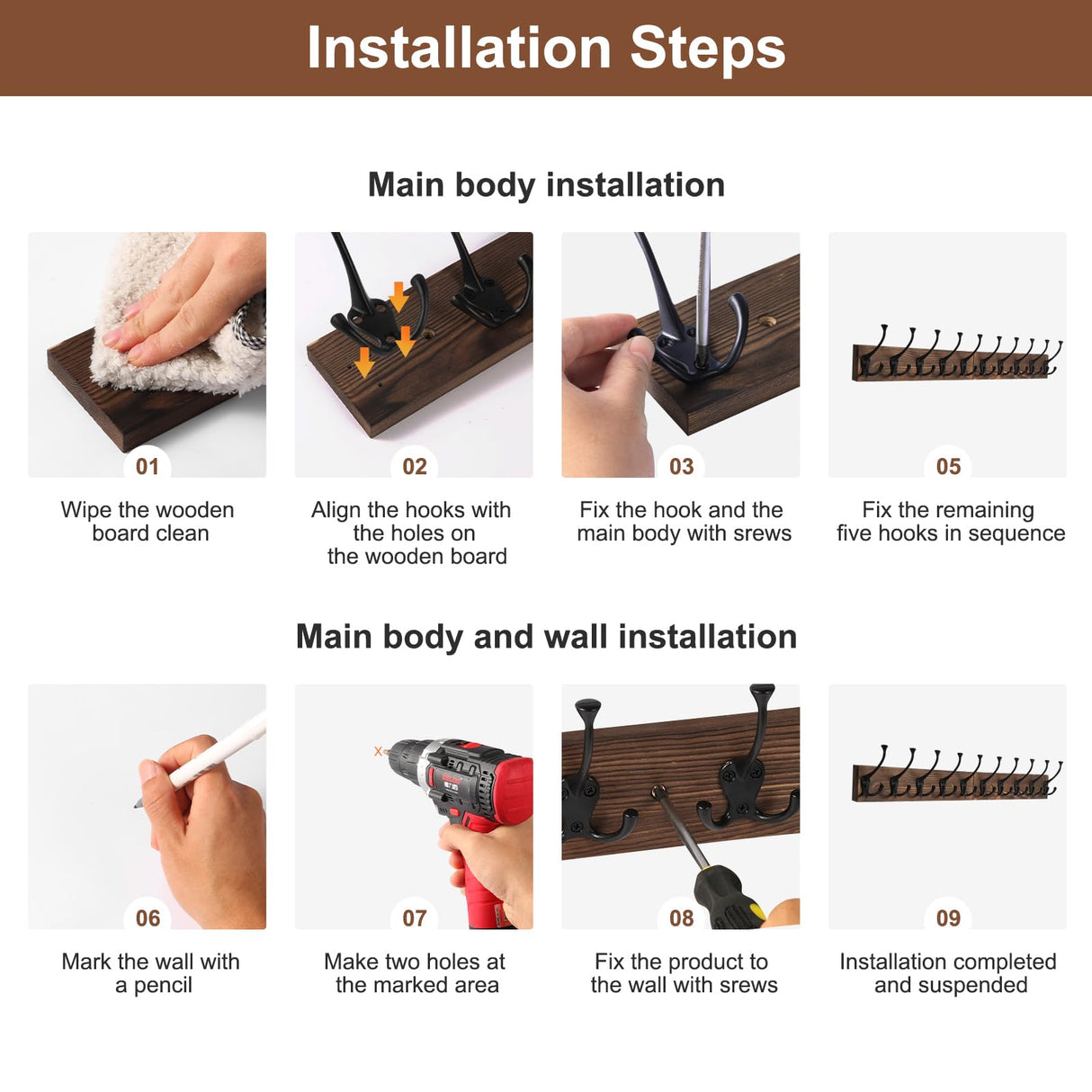 Gohiuo Rustic 34" Large Coat Rack Wall Mount, Long Wood Coat Hooks with 10 Triple Hooks, Heavy Duty Wooden Coat Hanger Wall Mount for Entryway, Farmhouse Hanging Jackets, Coats, Hats, Bags,Towel Gohiuo