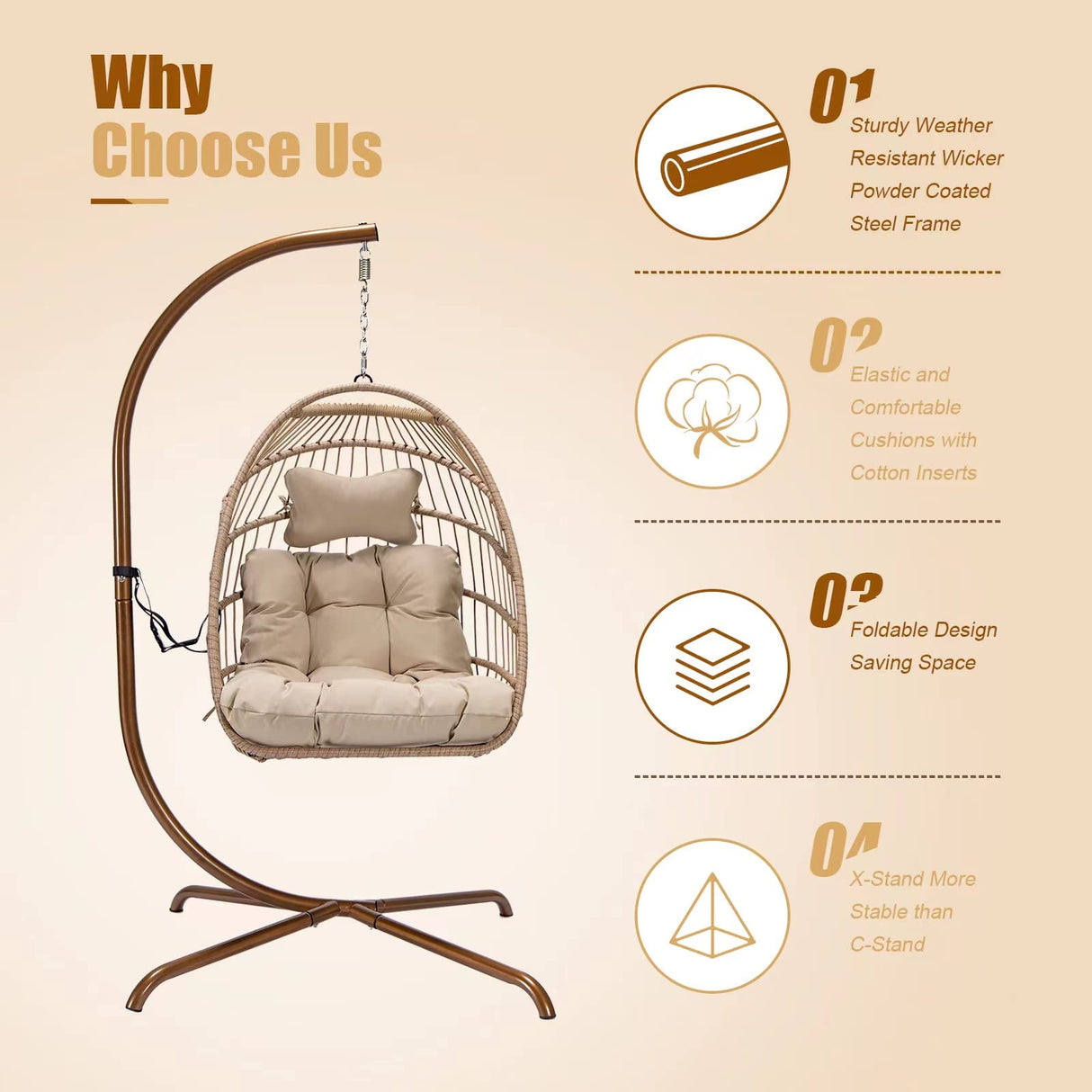 NICESOUL® Swing Egg Chair with Stand Indoor Outdoor Wicker Rattan Patio Basket Hanging Chair with UV Resistant Cushions 350lbs Capacity for Bedroom Balcony Patio (Cream) NICESOUL