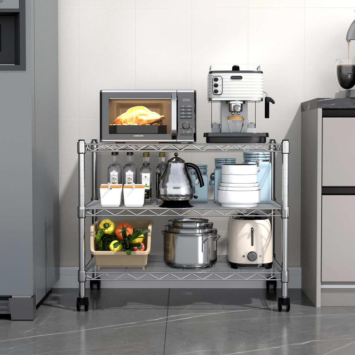 YSSOA 3-Tier Heavy Duty Storage Shelves 750Lb Capacity, 24.02" D x 13.78" W x 21.97" H Shelving Unit for Pantry, Garage, Laundry and Kitchen, Chrome YSSOA