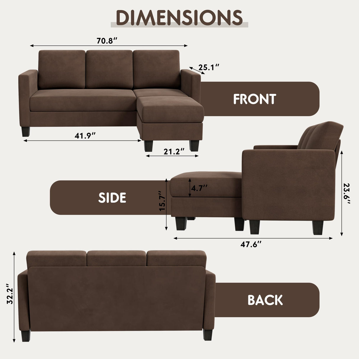 YESHOMY Convertible Sectional 3 L-Shaped Couch Soft Seat with Modern Linen Fabric, Small Space Sofas for Living Room, Apartment and Office, 70'', Brown YESHOMY