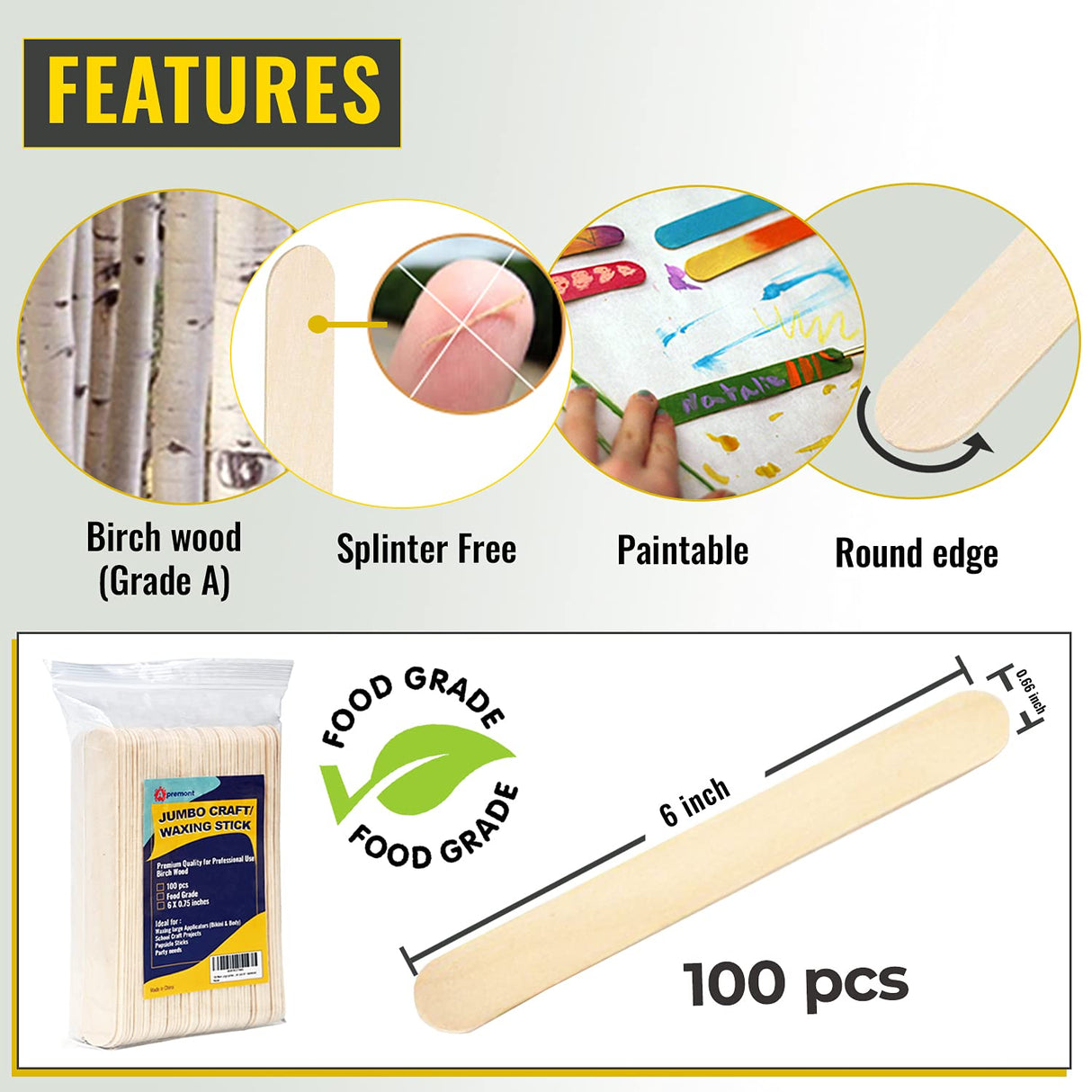 100 Piece Large Jumbo Wooden Craft Sticks (6" x 3/4"), Premium Natural Organic Wood for Waxing, Craft Project, Tongue Depressor, Popsicle, Ice Cream Stick,Woodcraft, Paint Stirrer and Art - Apremont APREMONT