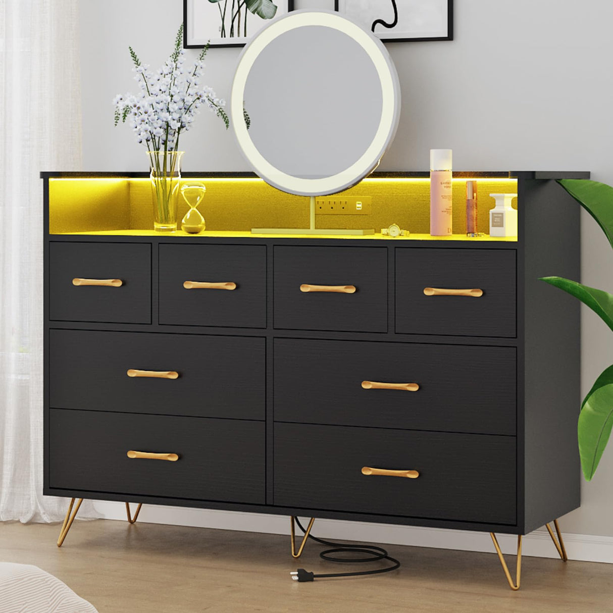 Black Dresser with Power Outlet and LED Lights, Wood 8 Drawer Dresser for Bedroom, Modern Chest of Drawers with Gold Handles and Open Storage Space for Closet, Living Room, Entryway HarmoHaby